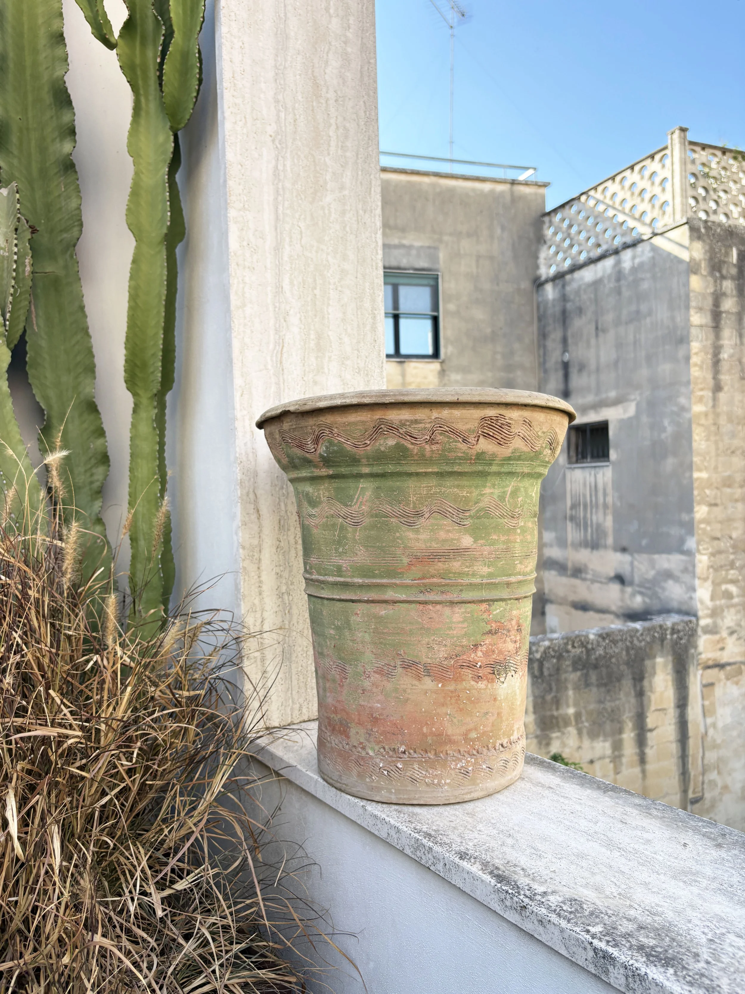 Italian tall green ceramic plant pot