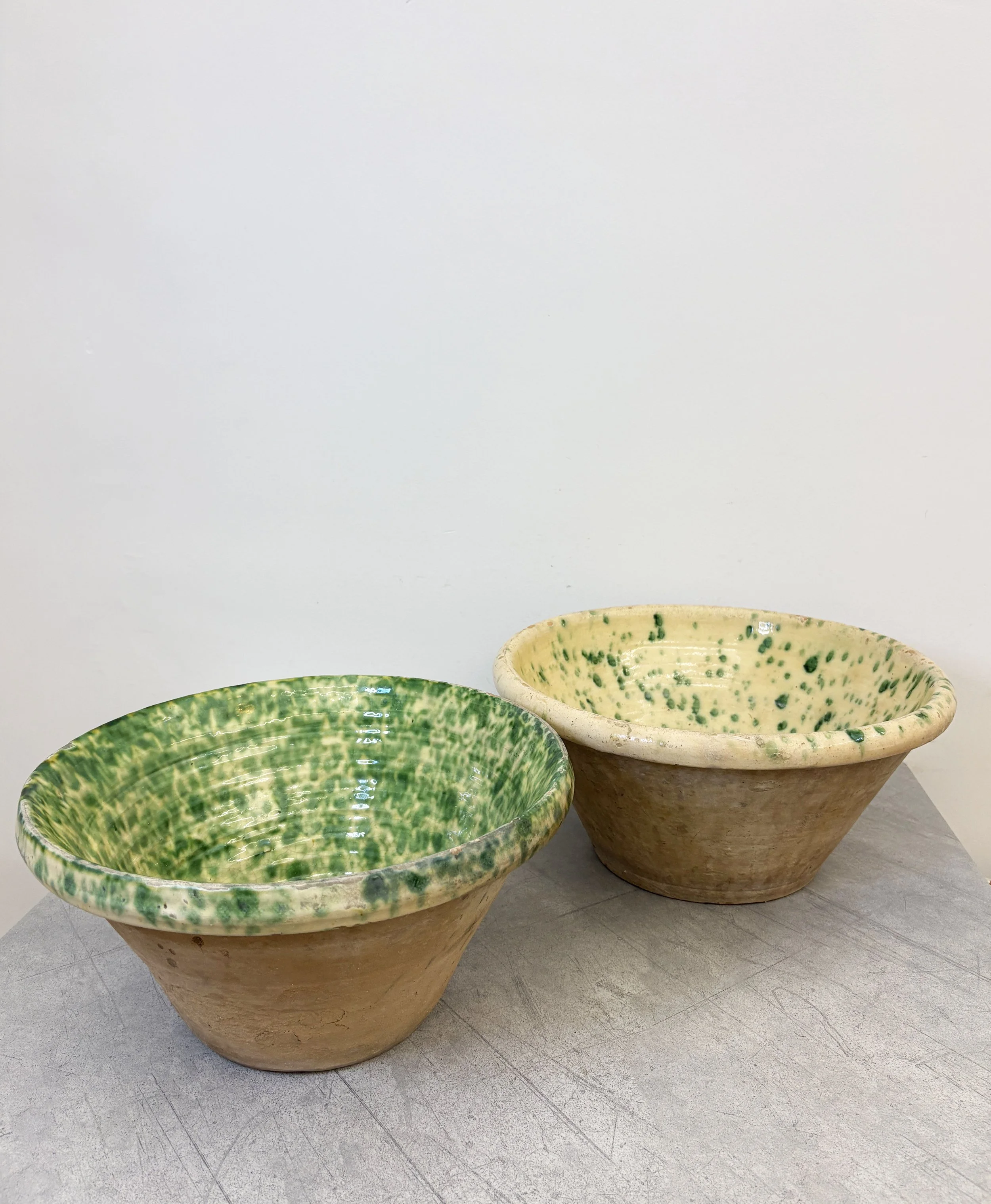 green splatter glaze farmhouse bowls