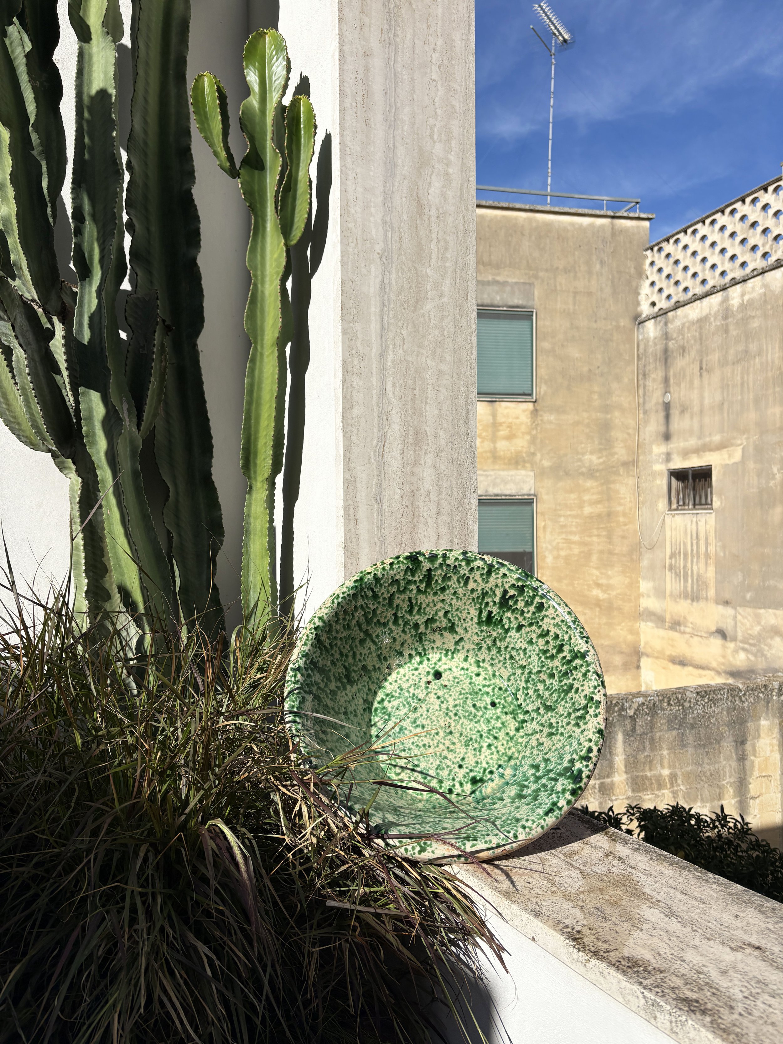 large antique green splattered bowl