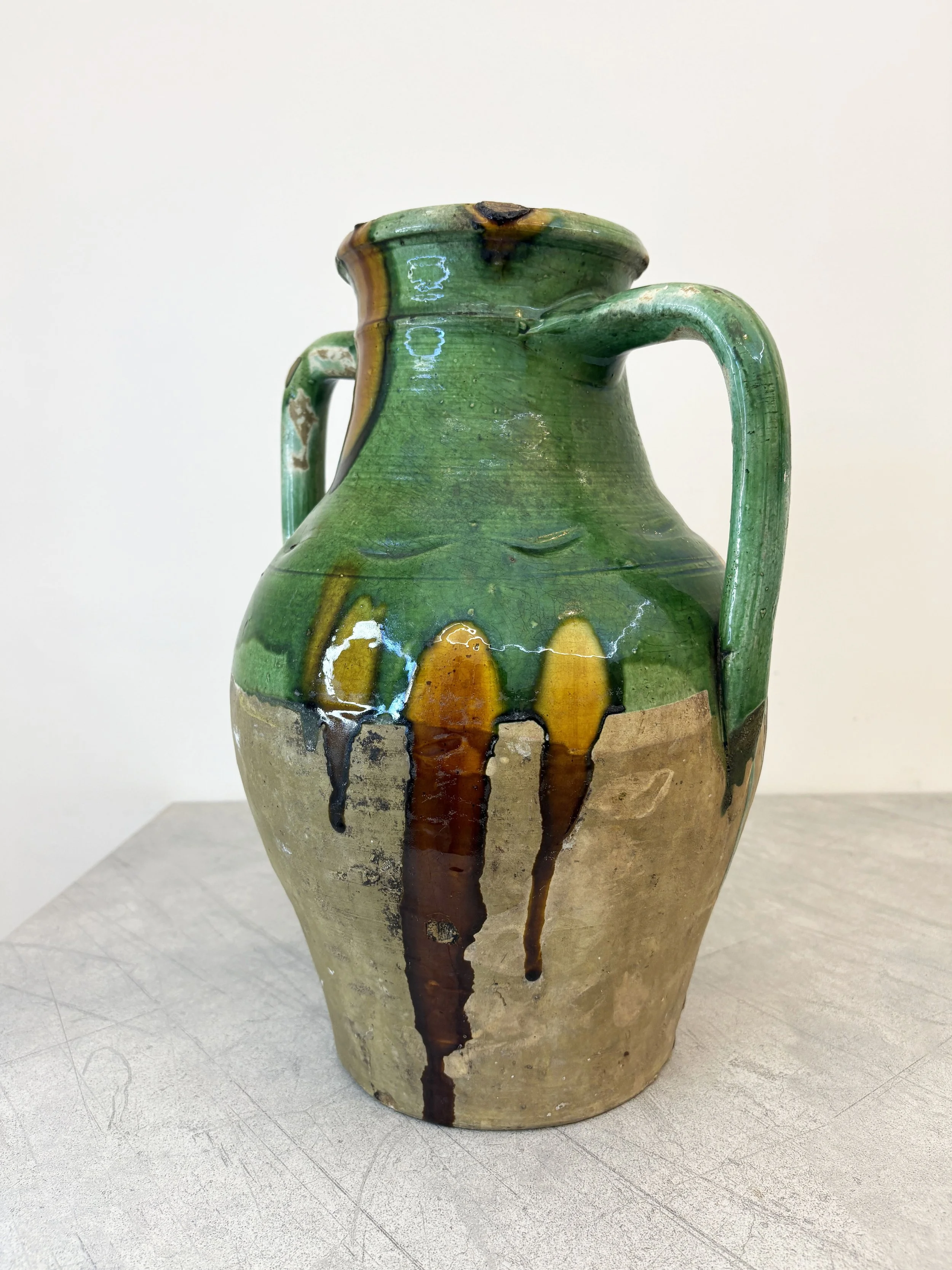 antique green glazed pot with handles