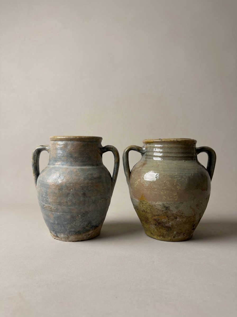 2 antique ceramic confit pots from southern Italy