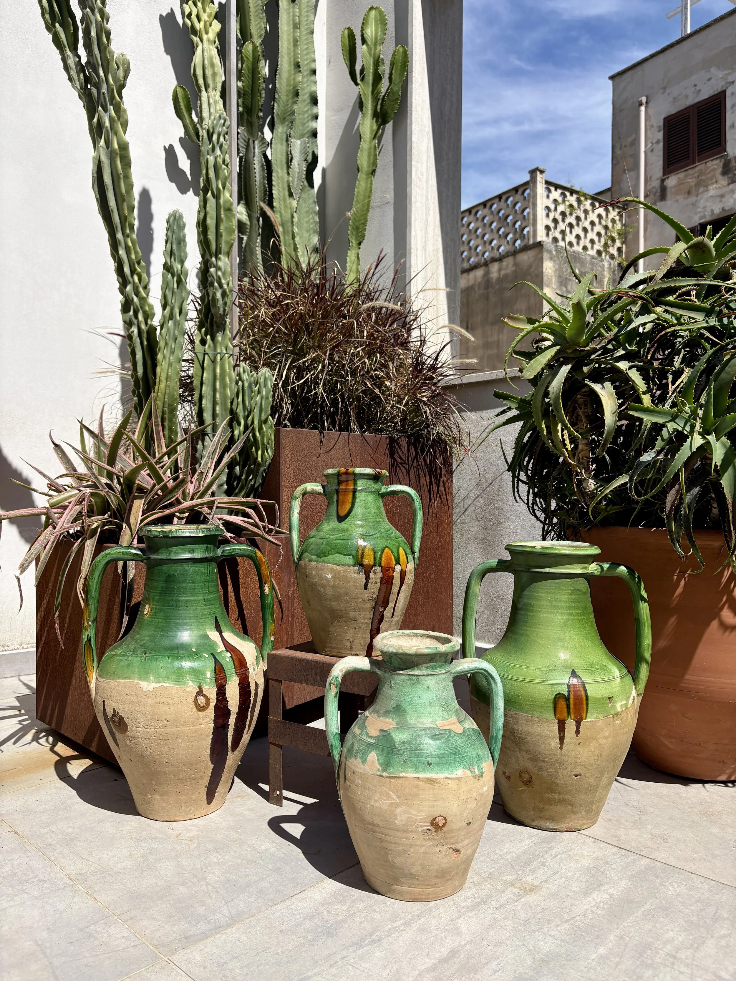 antique green glazed garden pottery Puglia
