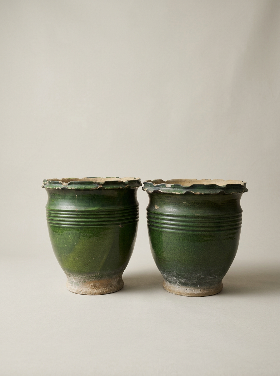 2 vintage green glazed ceramic plant pots