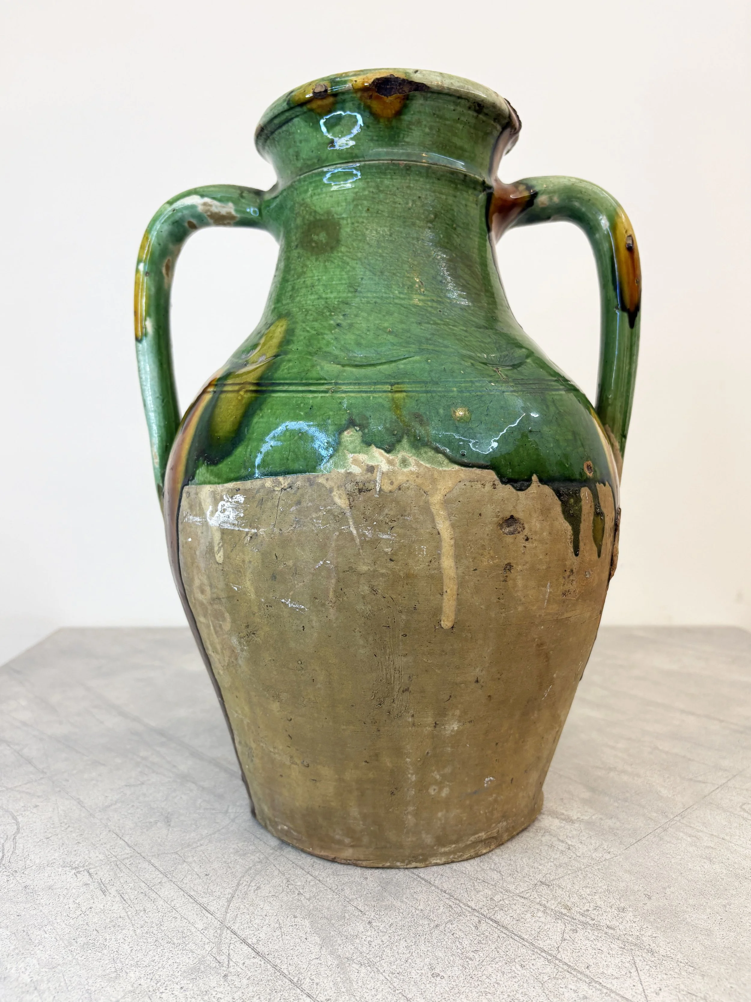 antique Italian amphora with green glaze