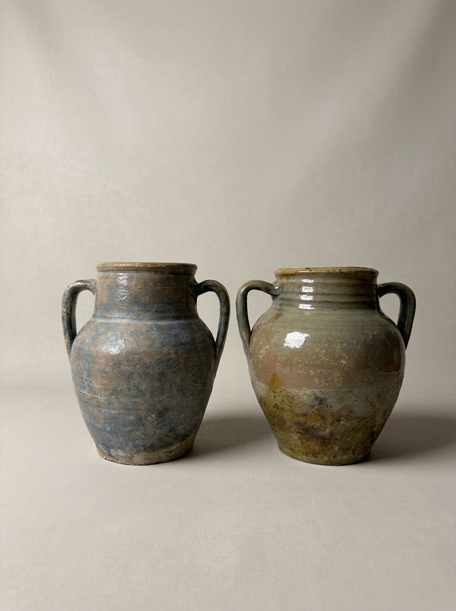 2 antique Italian terracotta vases with grey glazes