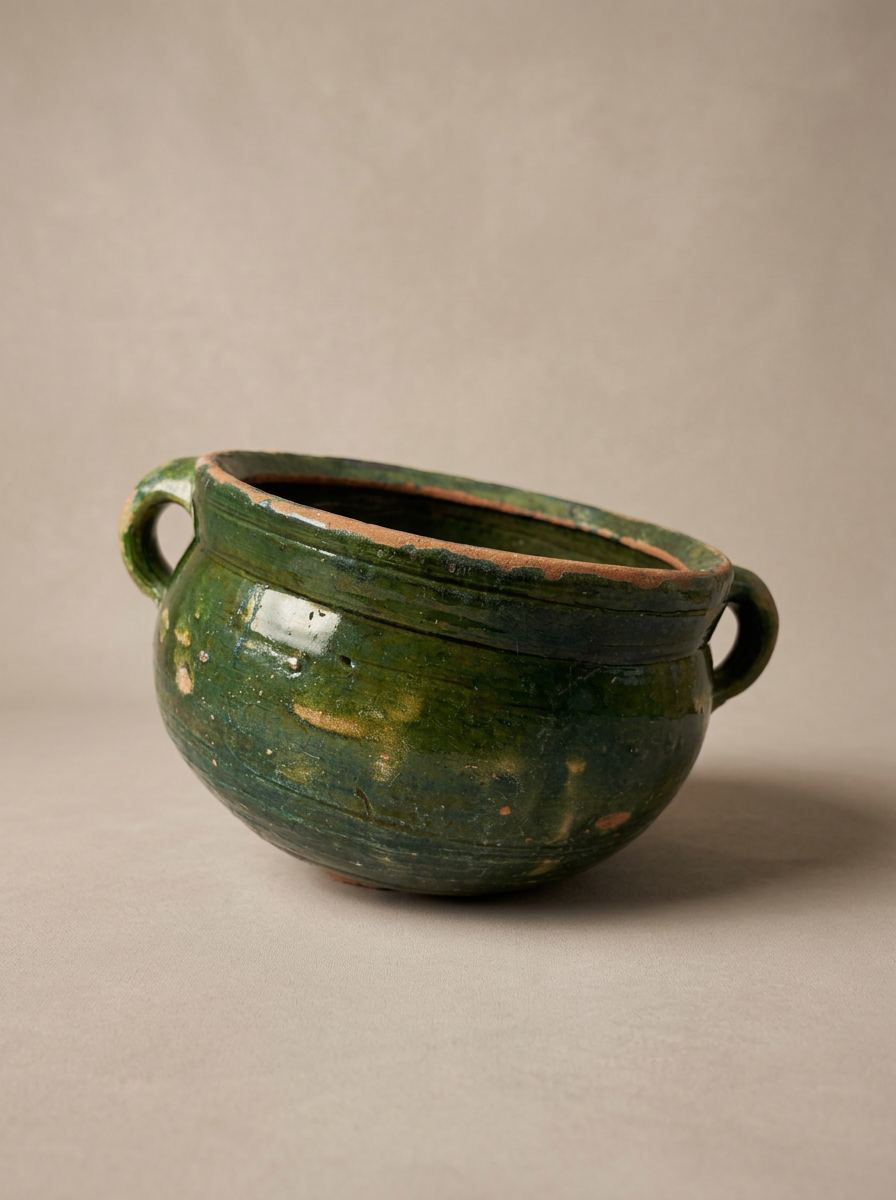 antique ceramic green glazed colander from southern Italy