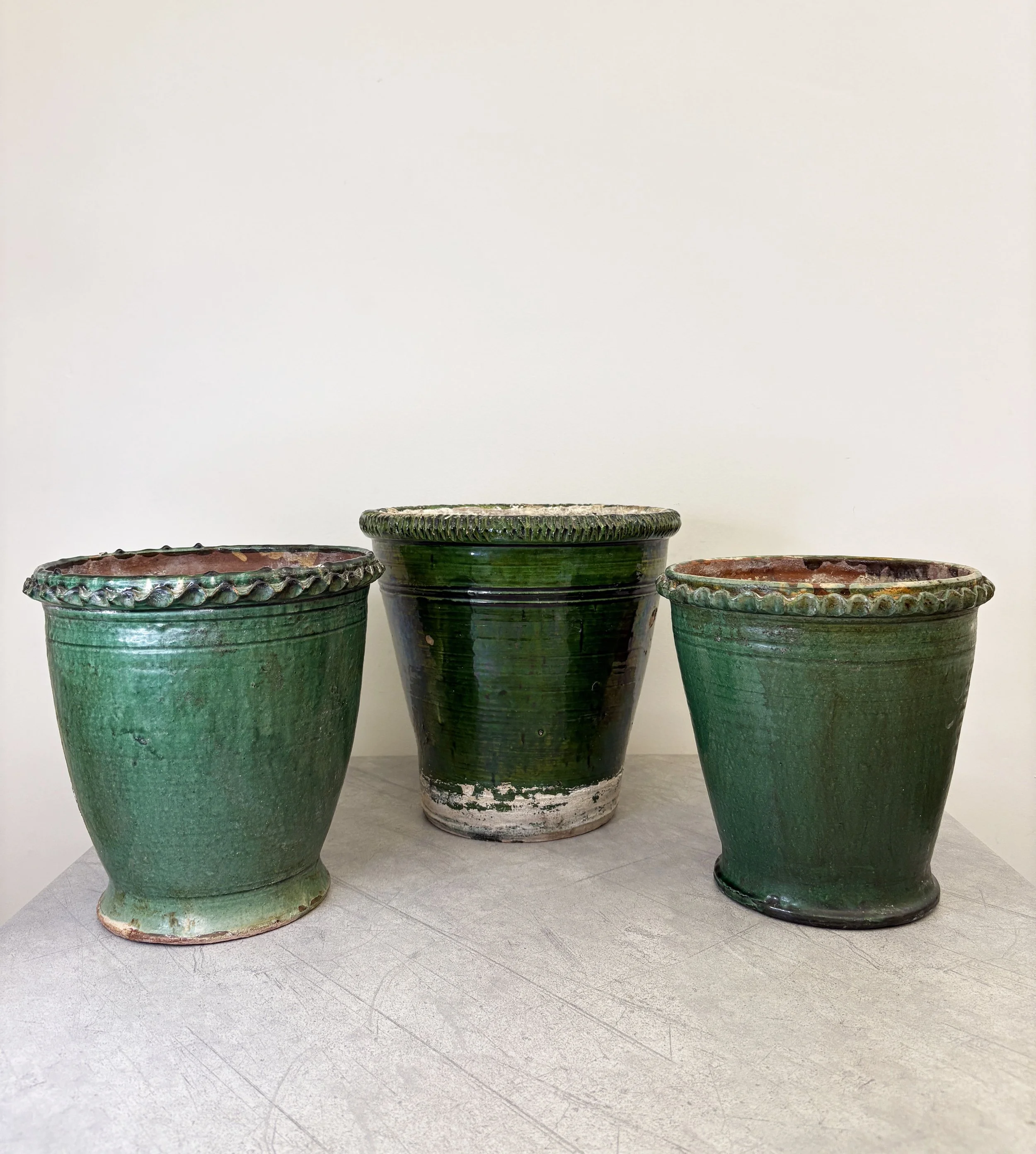 3 vintage green ceramic plant pots