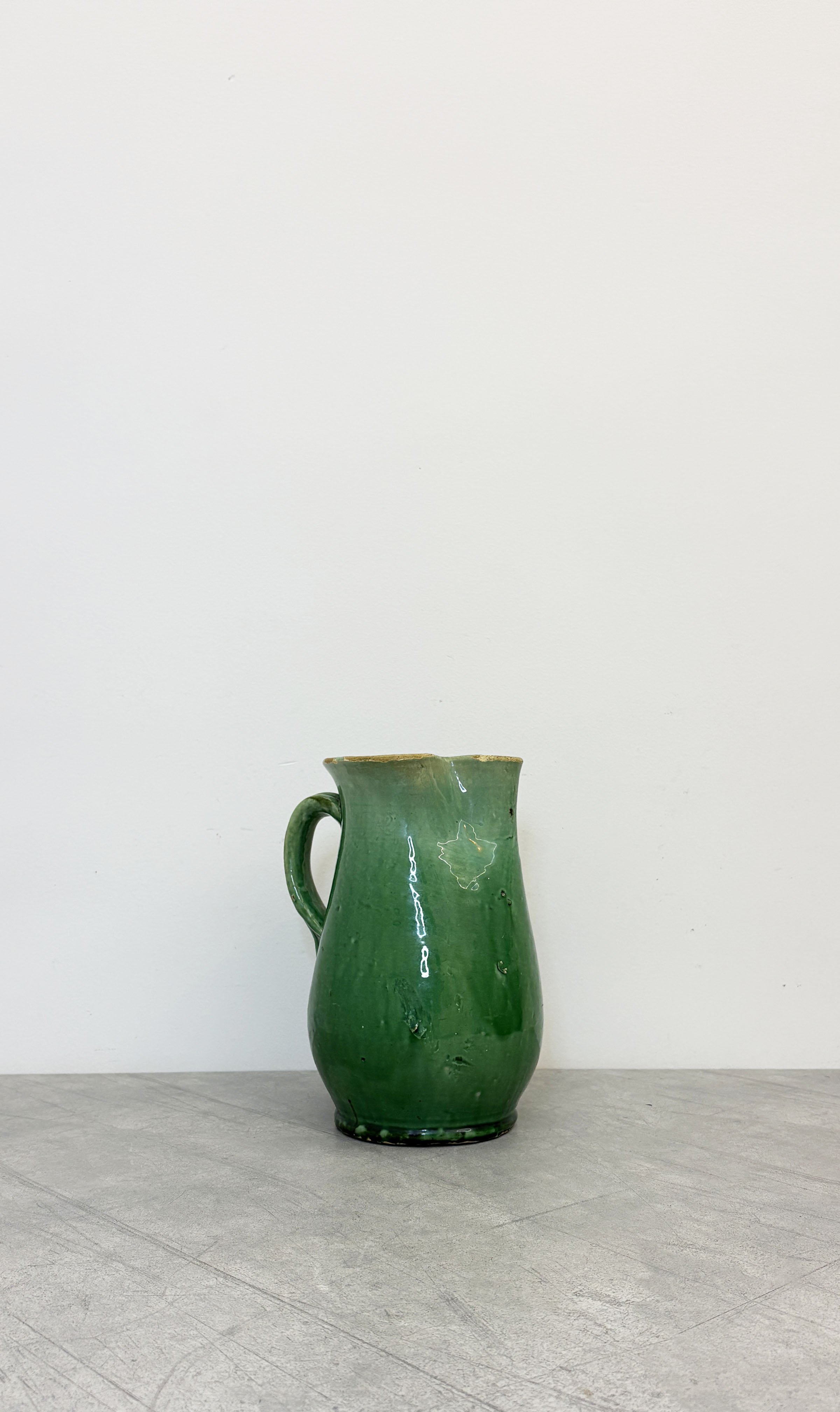 2 ANTIQUE GREEN GLAZED CERAMIC PITCHER
