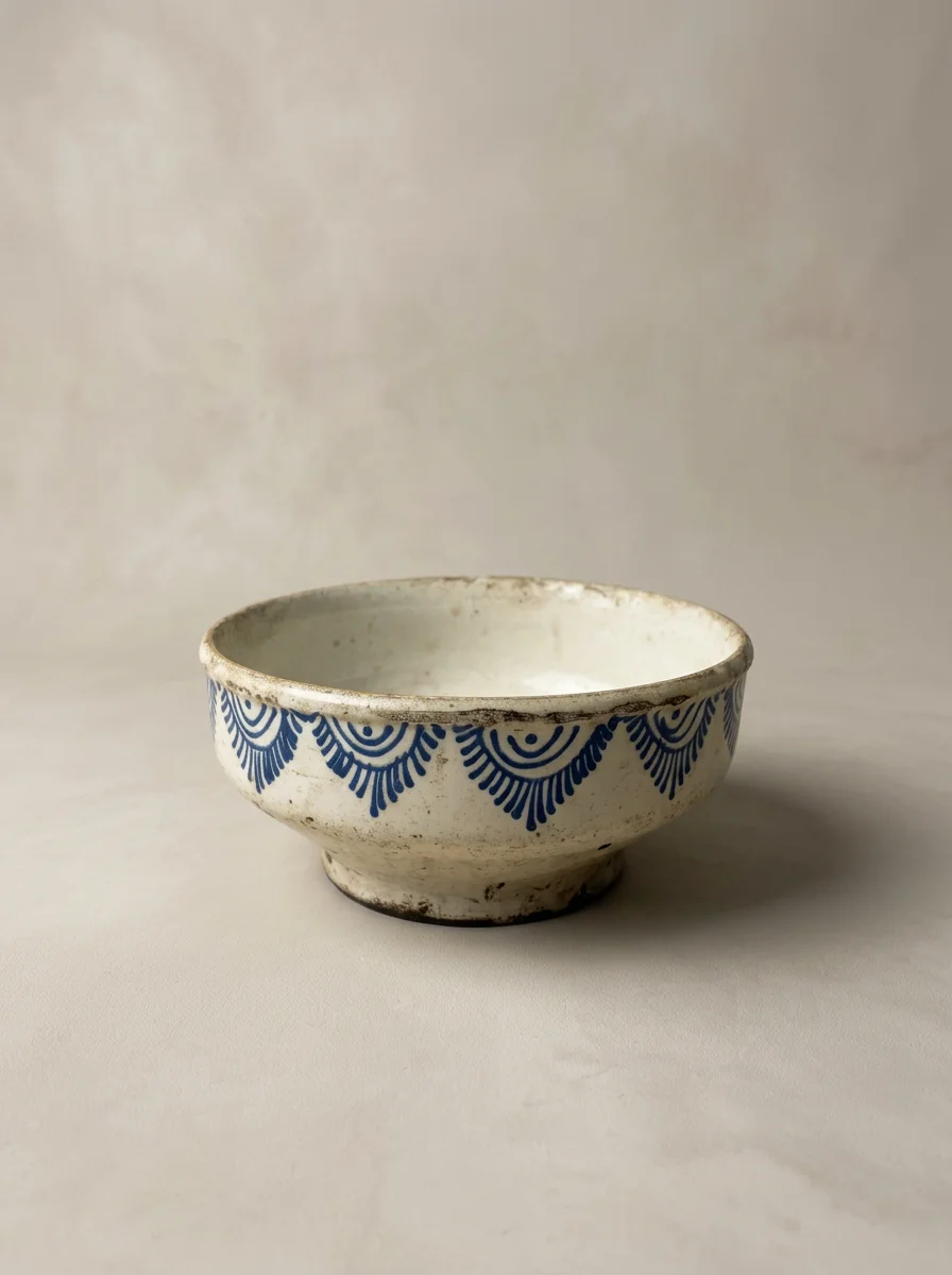 antique Italian bowl with blue scallop design