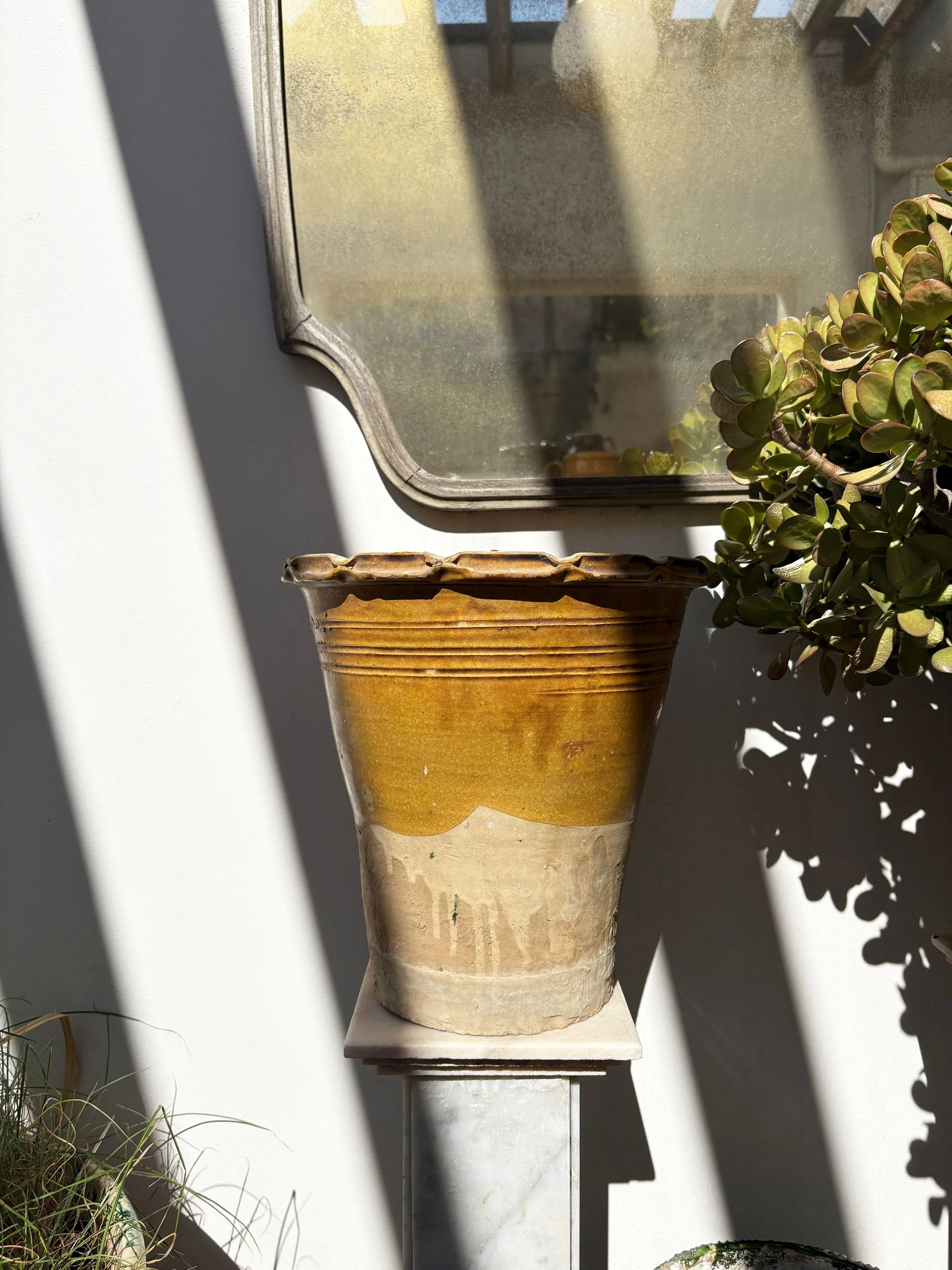 large antique yellow glazed plant pot