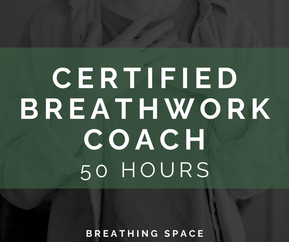 A person seated cross-legged with one hand on their chest, embodying calm and mindfulness during a breathwork session. Overlaid text reads “Breathwork Coach – 50 Hour,” promoting an online breathwork coach certification or training program.
