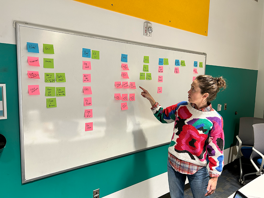 Woman in colorful sweater pointing at a whiteboard with pink and green sticky notes arranged in columns, in a classroom or office setting.