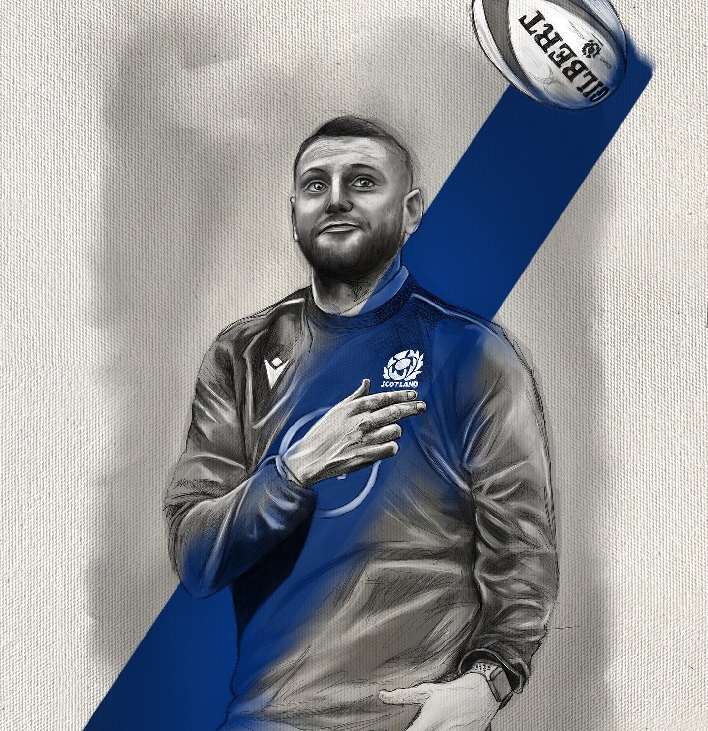 Saturday 16.45pm .. 

Are we ready? 

In @finnrussell92 we trust.. 

Wee pencil study, with ink and acrylics 

#artworld #worldrugby #sixnationsrugby #guinnesssixnations #scotland #scottishrugby #rugbyart #finnrussell #pencilportrait #inkartwork