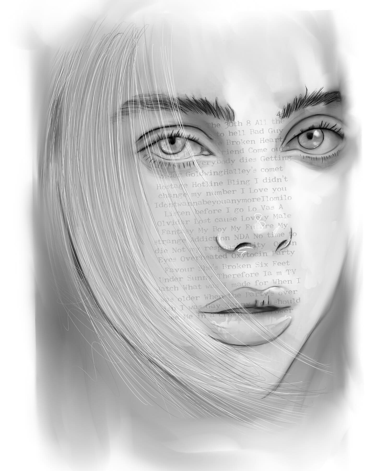 The final piece of a wee trilogy.. 

@billieeilish 

I wanted to play with different ways of drawing.. from the least amount of strokes to the fastest.. retaining as much form as I could. 
its artist folklore, that an artist shouldn&rsquo;t change th