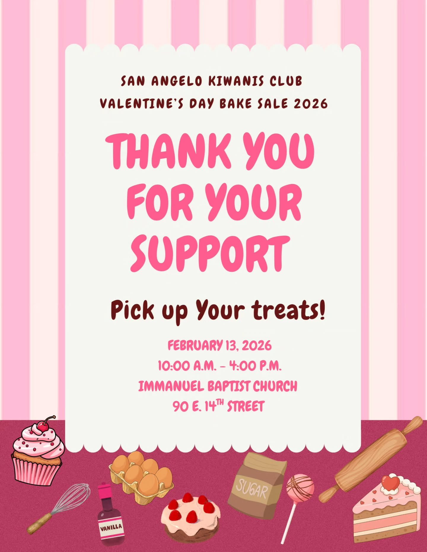 Thank you so much for your support of our Valentine's Day Bake Sale! Without our community we couldn't do what we do. Remember to pick up your treats on the 13th from 10:00 am to 4:00 pm at the Immanuel Baptist Church.