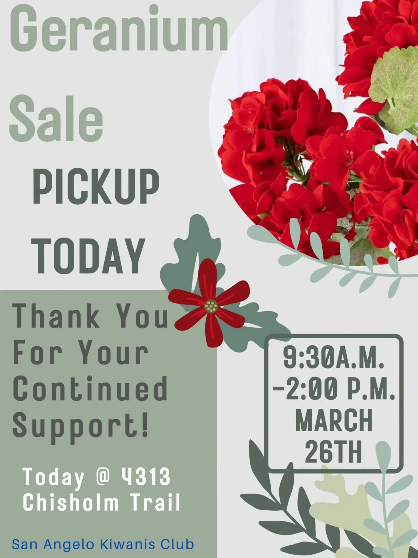 Today from 9:30 a.m. to 2:00 p.m. we will be at 4313 Chisholm Trail for you to pickup your Geraniums! Thank you so much for your support in this sale! Every penny counts towards the impact you have on our communities children!