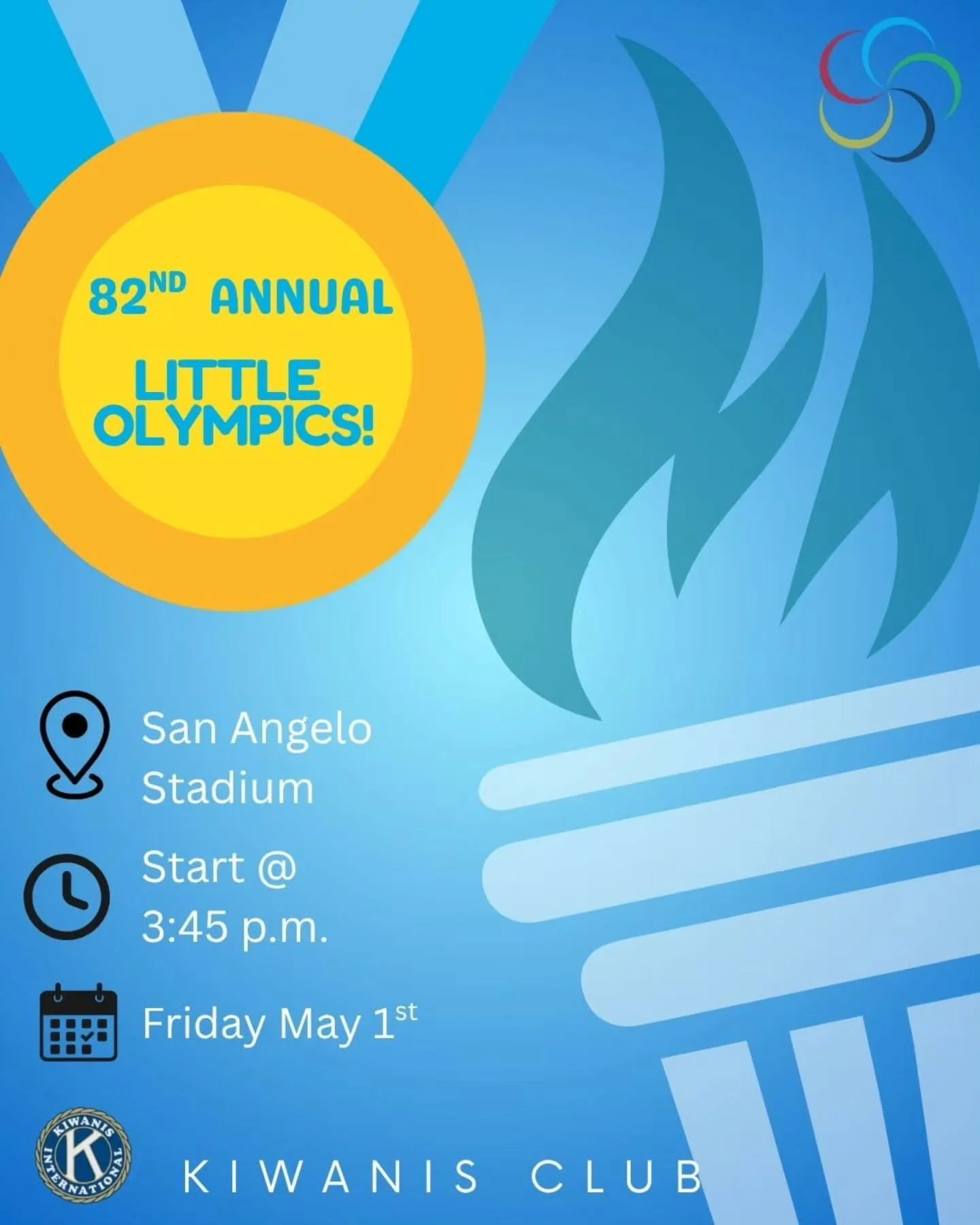 It's that time again! Our 82nd annual Little Olympics is almost here. Mark your calendars to see these little Olympians compete!  Events start at 3:45 p.m. May 1st at the San Angelo Stadium.