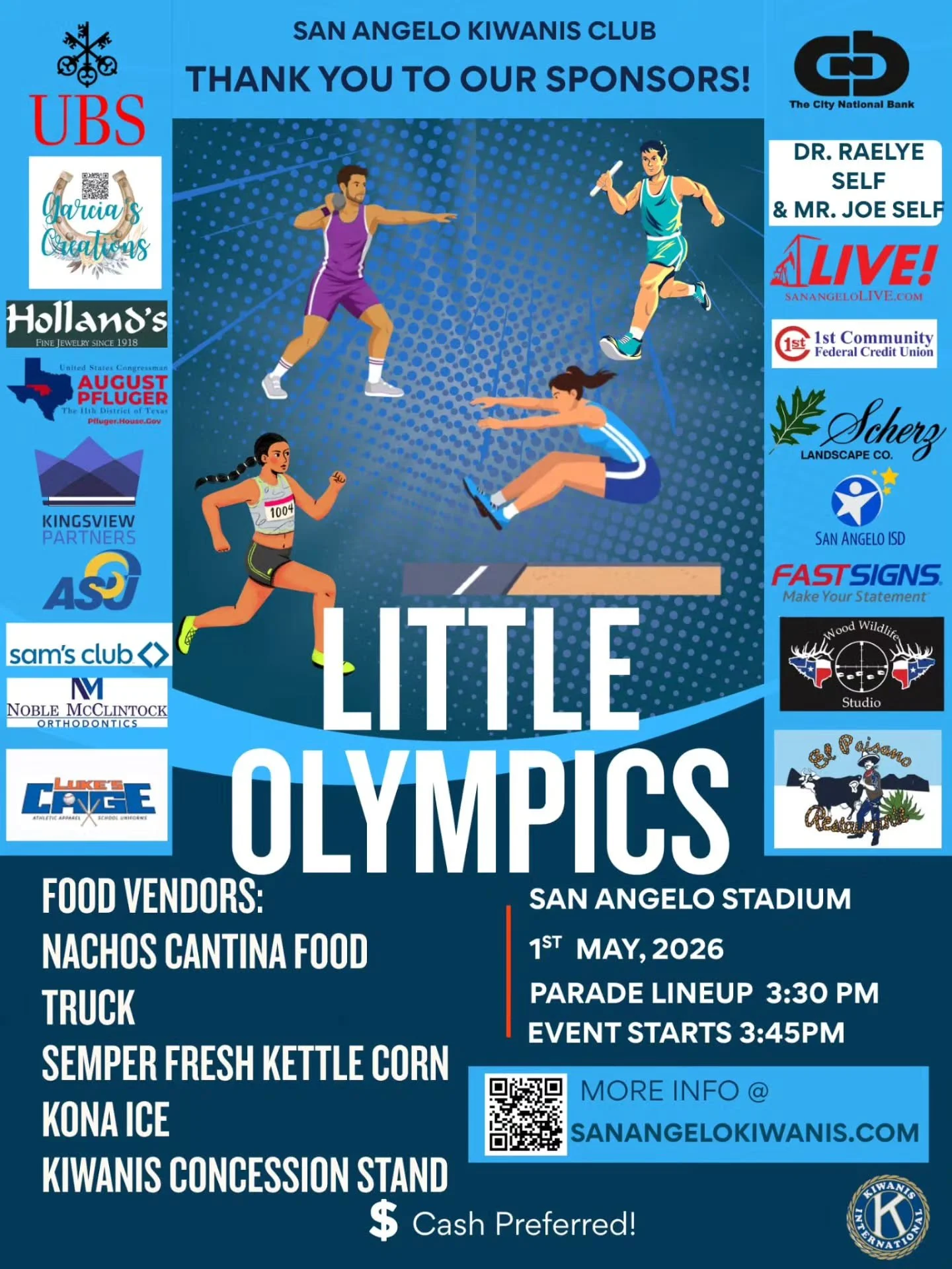 Huge thanks to our sponsors who make Little Olympics possible! Little Olympics kicks off this Friday at 3:30 p.m. at the San Angelo Stadium! Don't miss your chance to see our community in action!