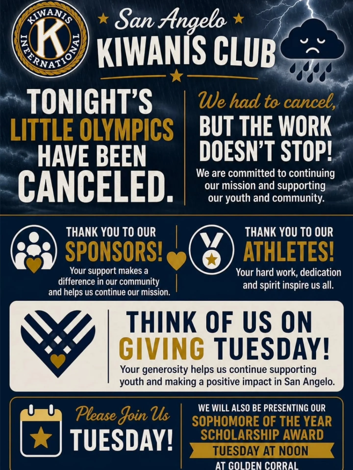 Due to inclement weather, tonight&rsquo;s event has been canceled. The safety of our community comes first. We appreciate your understanding and continued support.