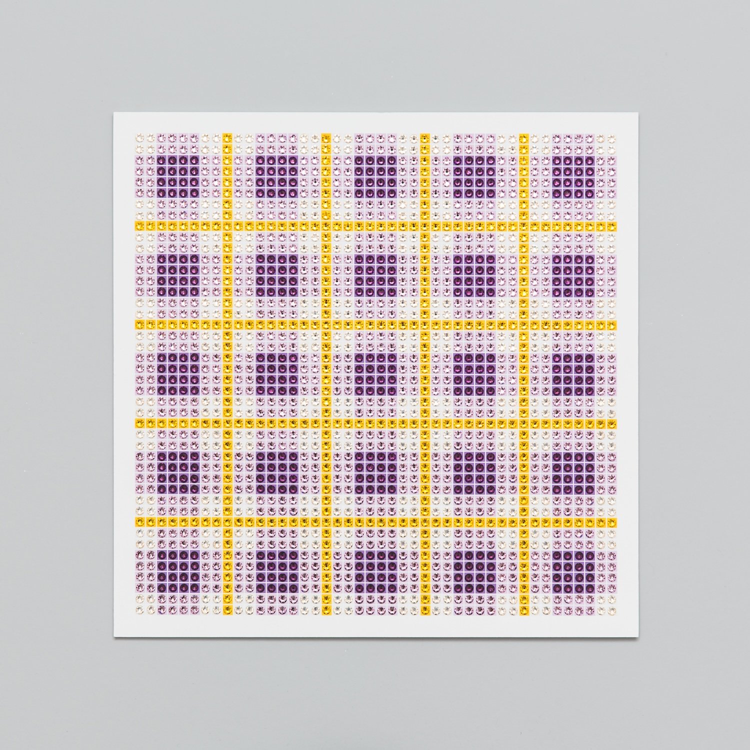 Julia Roshkow "Violet Madras Plaid", crystals glued to printed grid, 12" x 12", 2021, $325