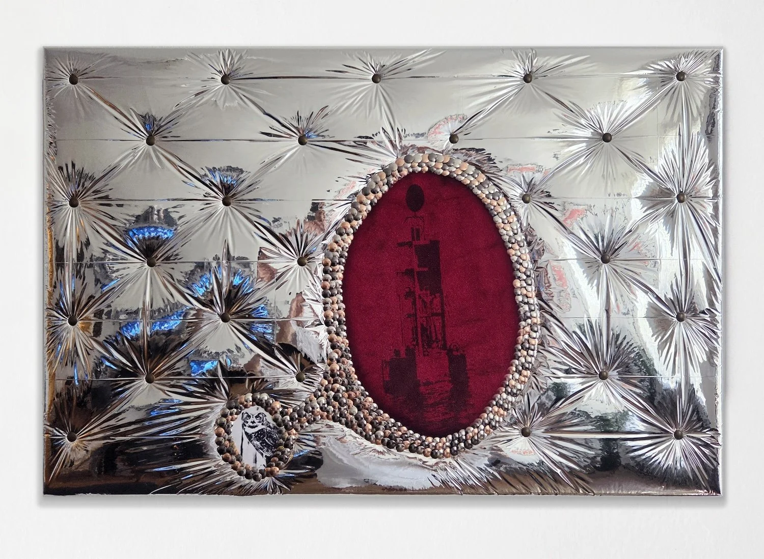 Mark Gens "Tufted Mirror (Buoy)", mylar, inkjet print, faux velvet, thumbtacks, 19" x 9", 2025, $1,400