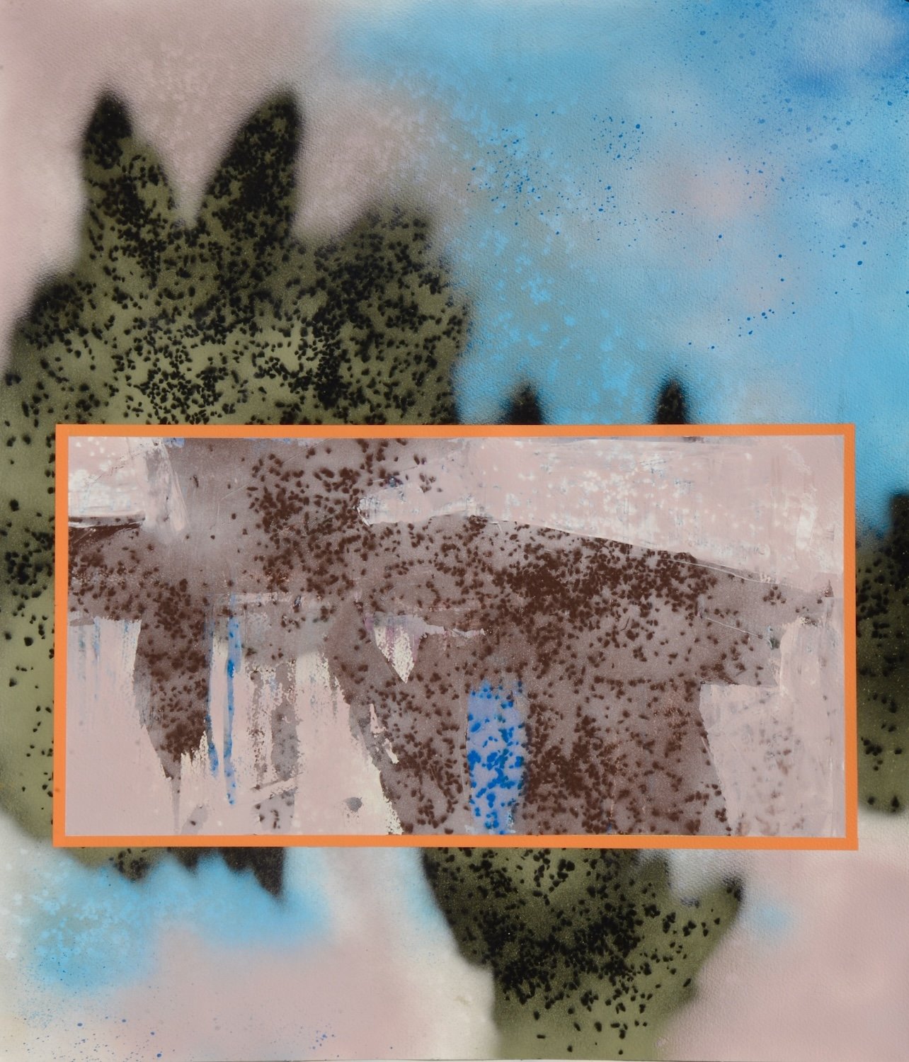 Vincent Serbin "Twilight Toon", spray paint, stenciling techniques and hard-edge forms on watercolor paper, 36" x 31", 2025, $2,200