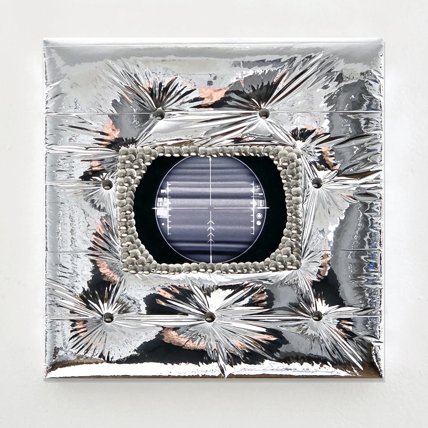 Mark Gens "Tufted Mirror (Crosshairs)", mylar, inkjet print, faux velvet, thumbtacks, 13" x 13", 2026, $1,200