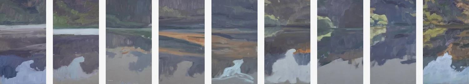 Brittany Gilbert "September 21st 6-56am-8-48am", oil on individually cradled panels, 11" x 71", 2024, NFS