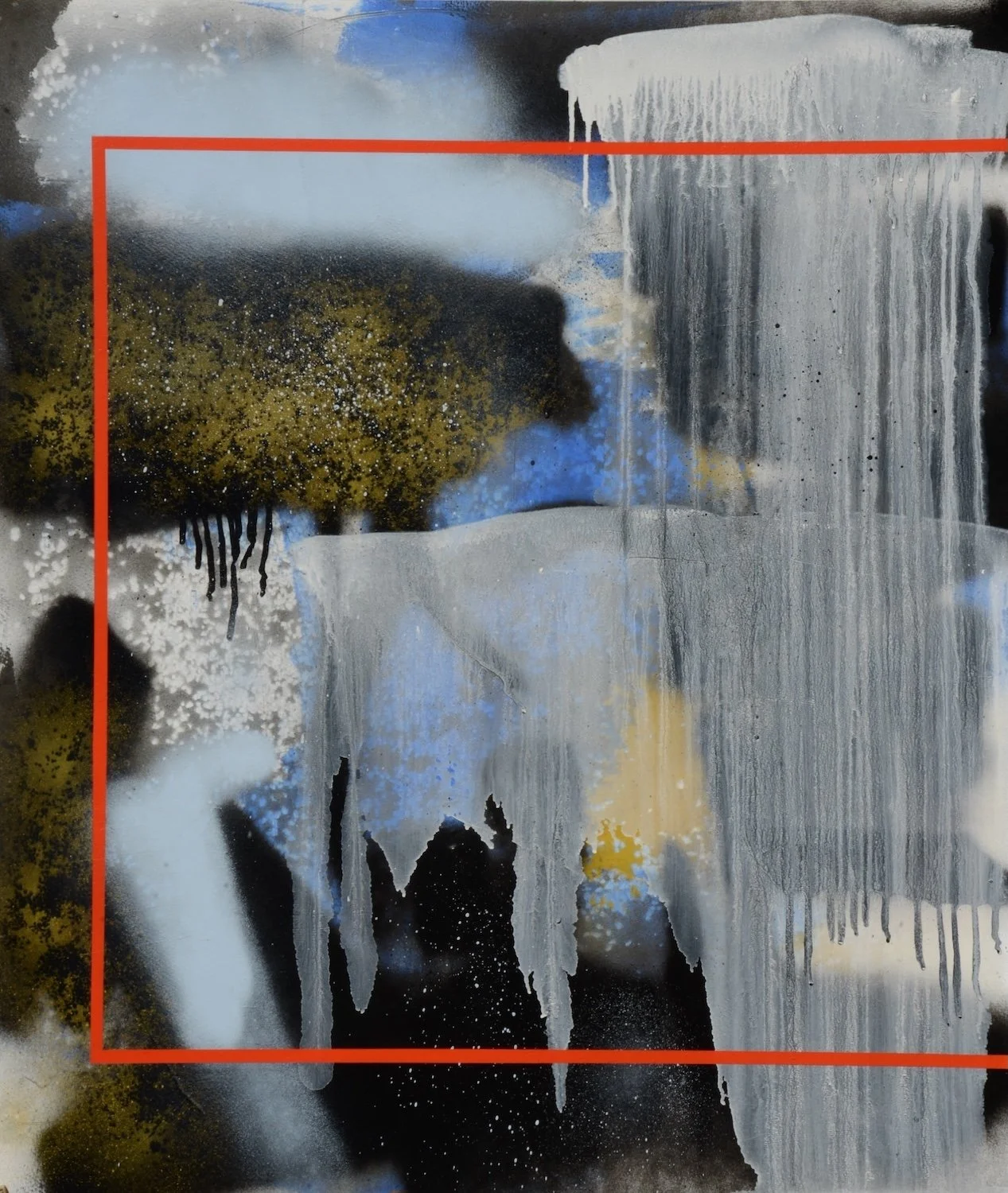 Vincent Serbin "Trenchant Toon", spray paint, stenciling techniques and hard-edge forms on watercolor paper, 36" x 31", 2025, $2,200