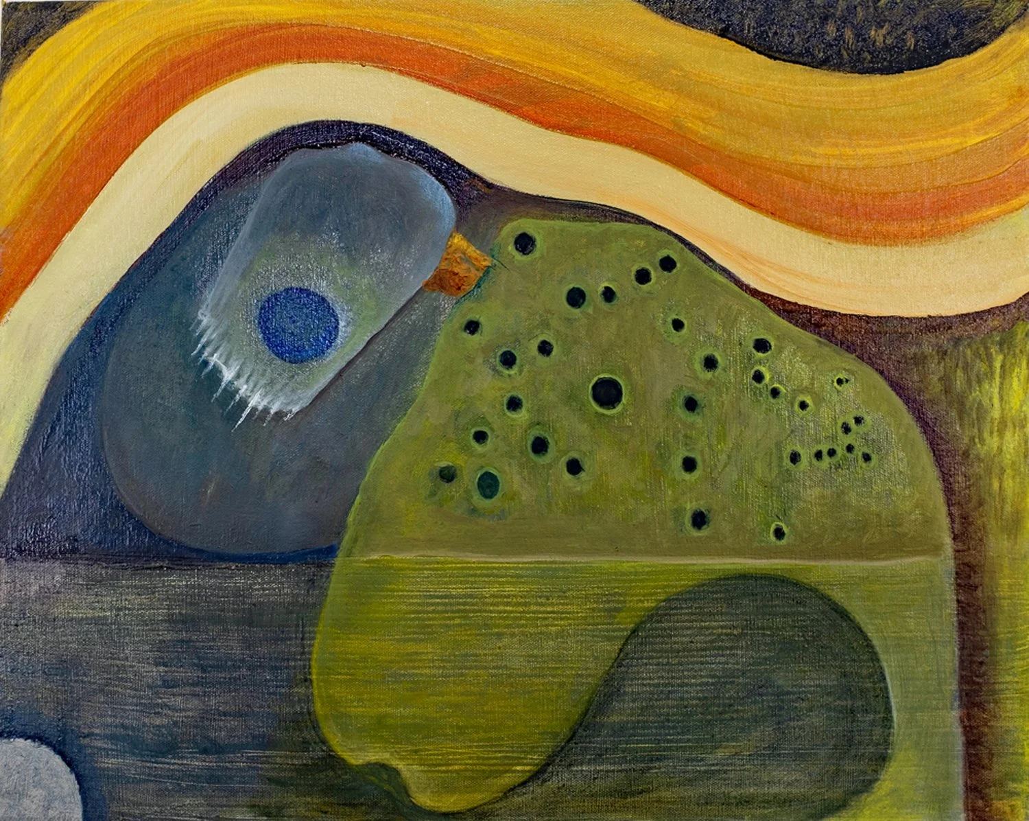 Robert Zurer "Amphibian Dilemma", oil on canvas, 16" x 20", 2026, $1100