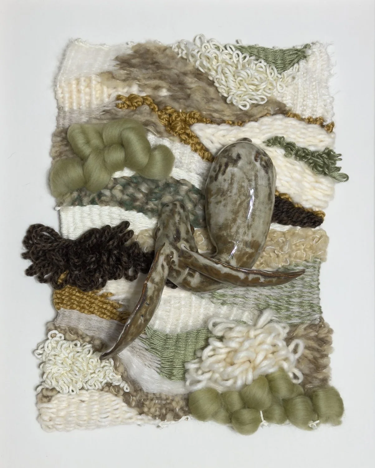 Hailey Harvey ”Solaced Sleeper II”, ceramic and fibers, 20” x 16”, 2026, NFS