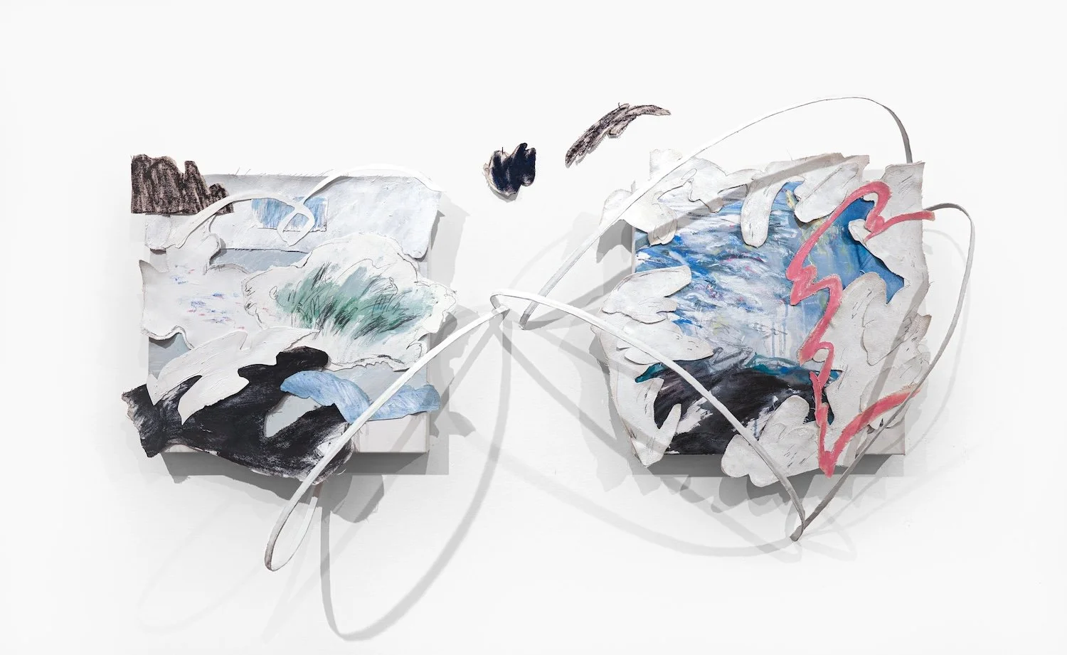 Minjee "Finding migan", oil on canvas, paper, mixed media, 26" x 47", 2026