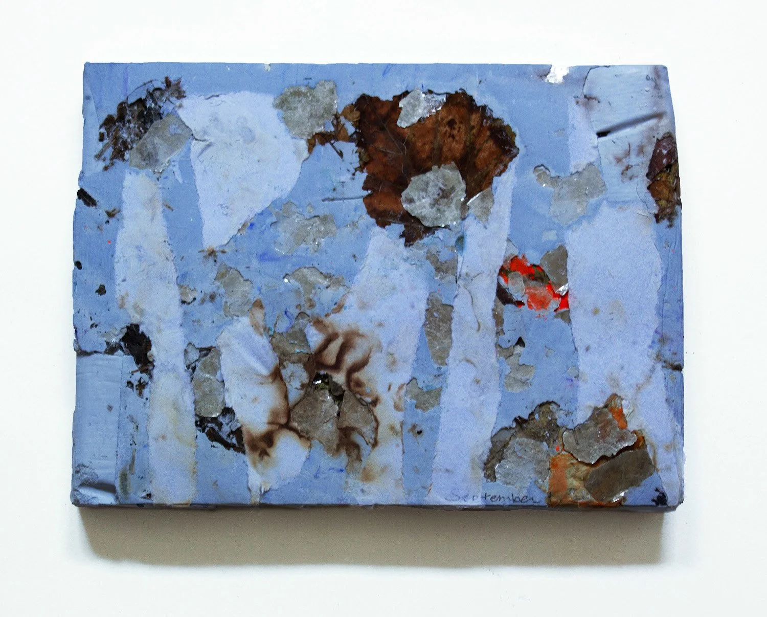 Mary Connell "Swain's Lake in September", powdered pigment, plaster paper, mica and leaves, 5" x 8" x 0.5", 2025, $600