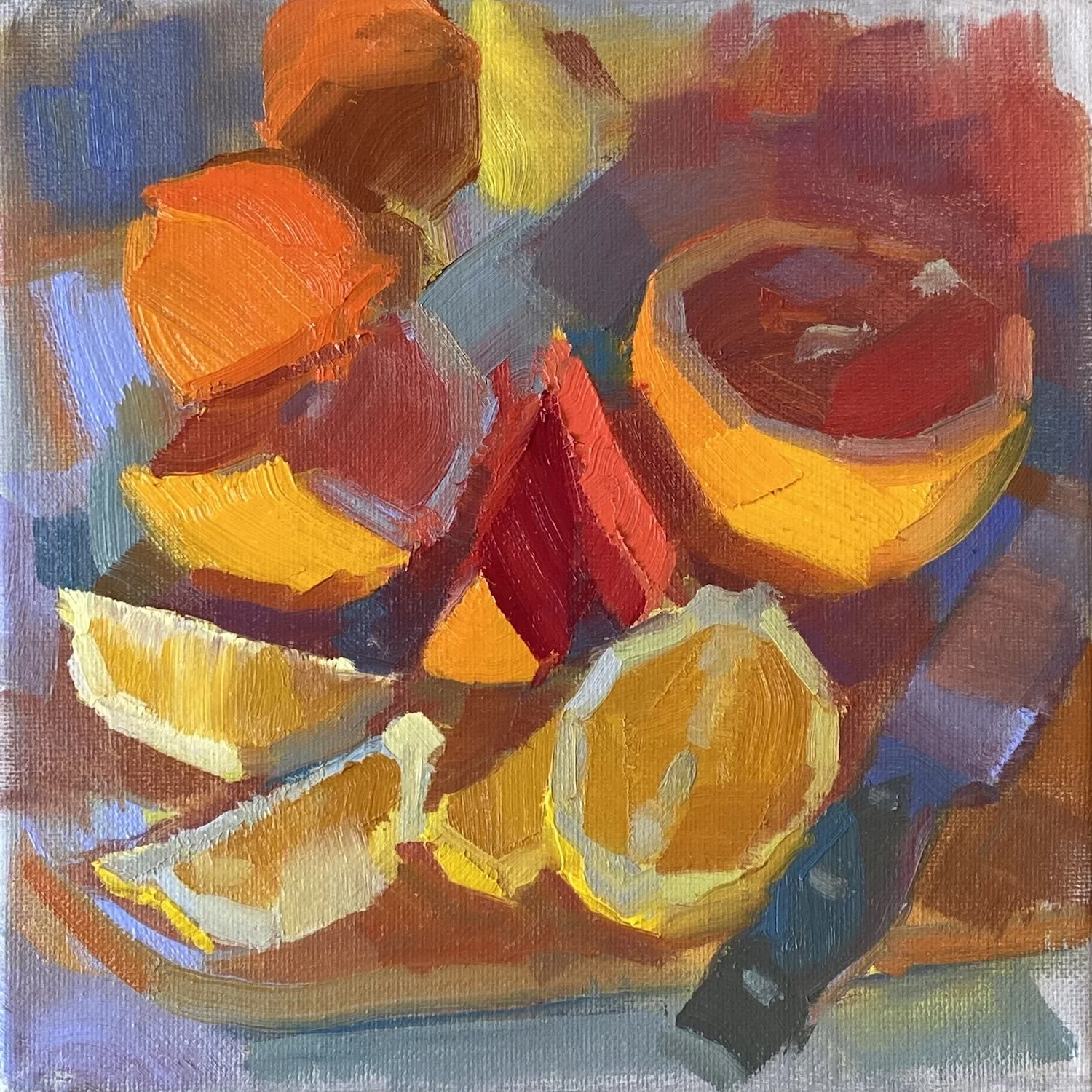 Ellis Sant’Andrea “Citrus-Scatter”, oil, 8" x 8", 2025, $300 (SOLD)