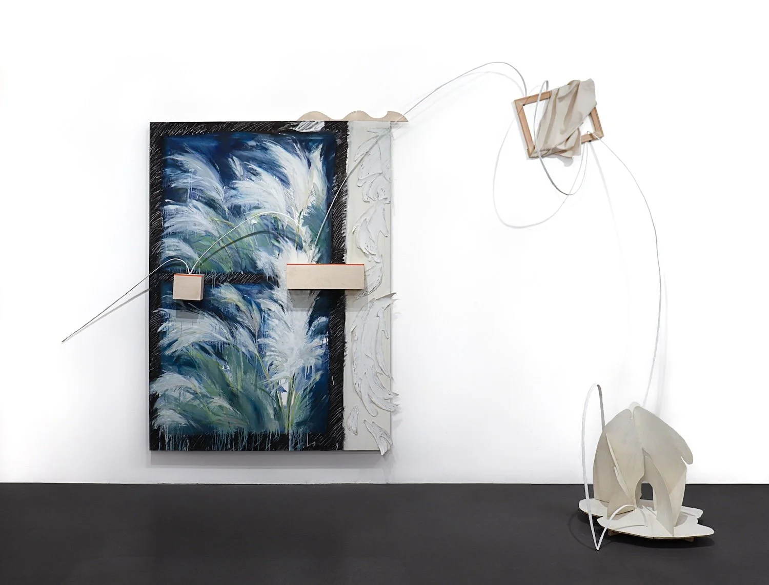 Minjee "Three words for", oil on canvas, installation, mixed media, 82" x 108" x 38 in, 2025