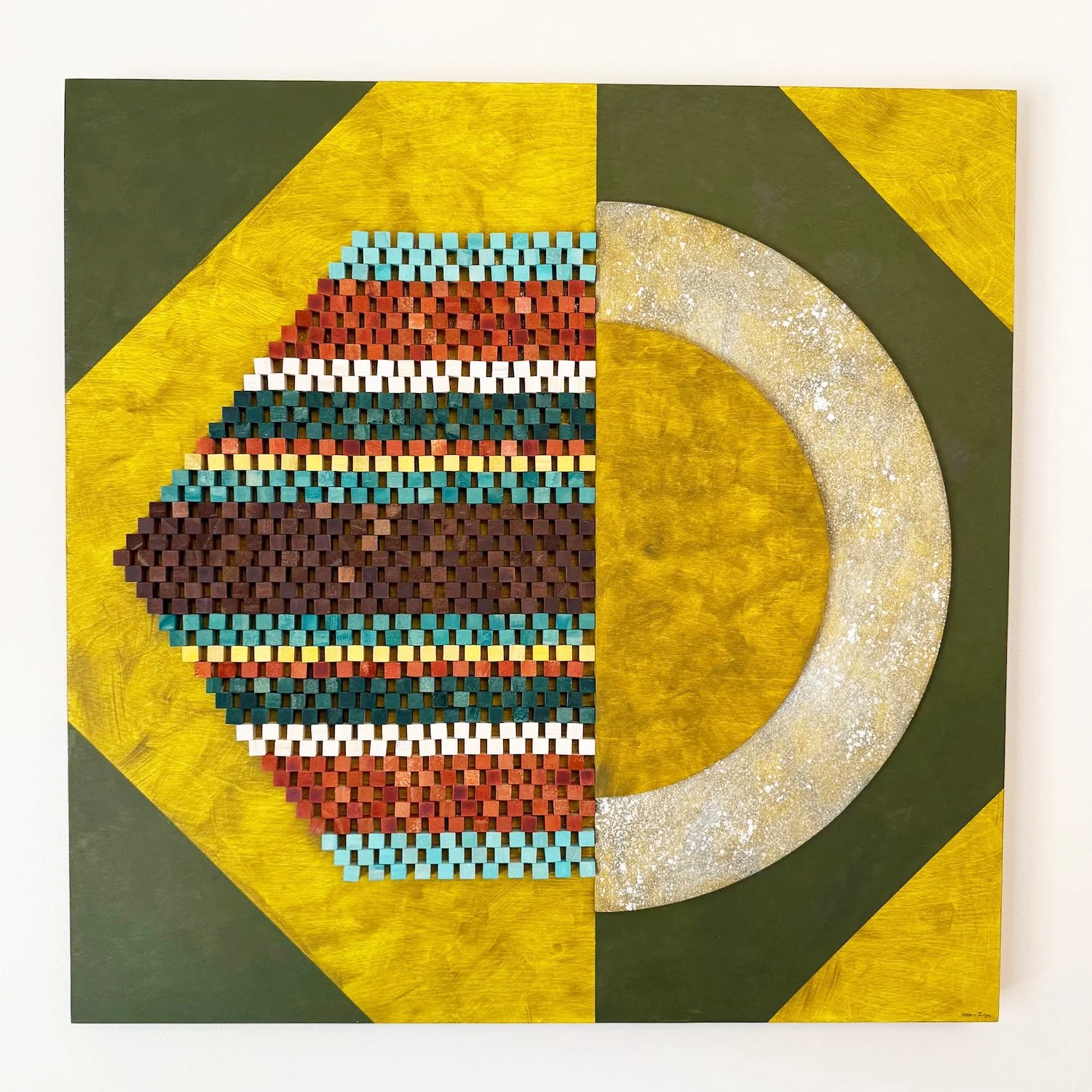 Helen Ziga "Incremental Dawn", acrylic & sourced wood pieces on panel, 24" x 24" x 2", 2026, $1,800