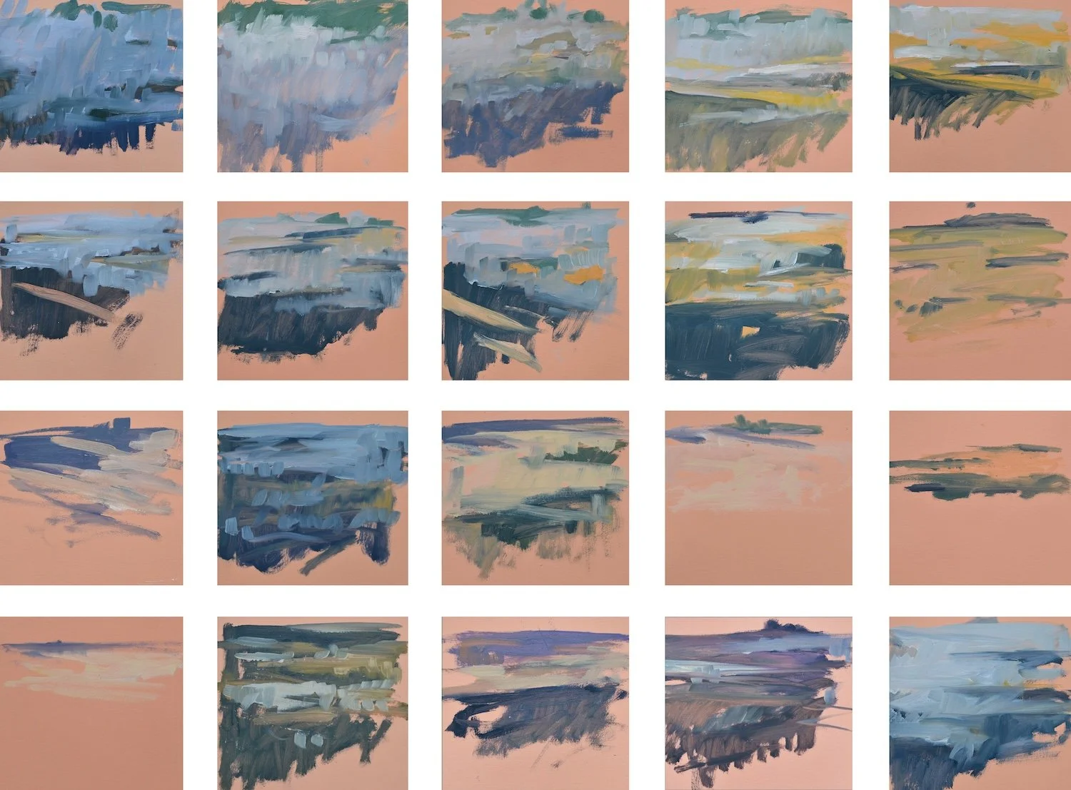 Brittany Gilbert "May 5th, 6-08-7-56am", oil on paper mounted to individually cradled panels, 36" x 46", 2025, NFS