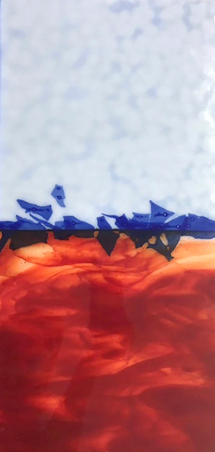 Beryl Brenner "The Desert at Dusk", fused glass, 10" x 21", 2017, $1,500