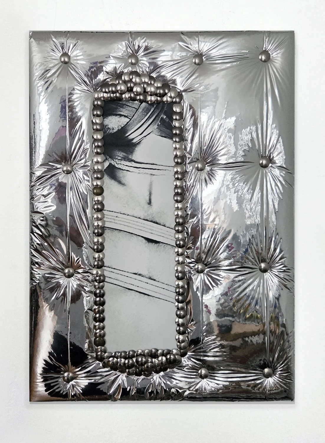 Mark Gens "Tufted Mirror (Tied)" mylar, inkjet print, faux velvet, thumbtacks, 14" x 10", 2025, $1,200