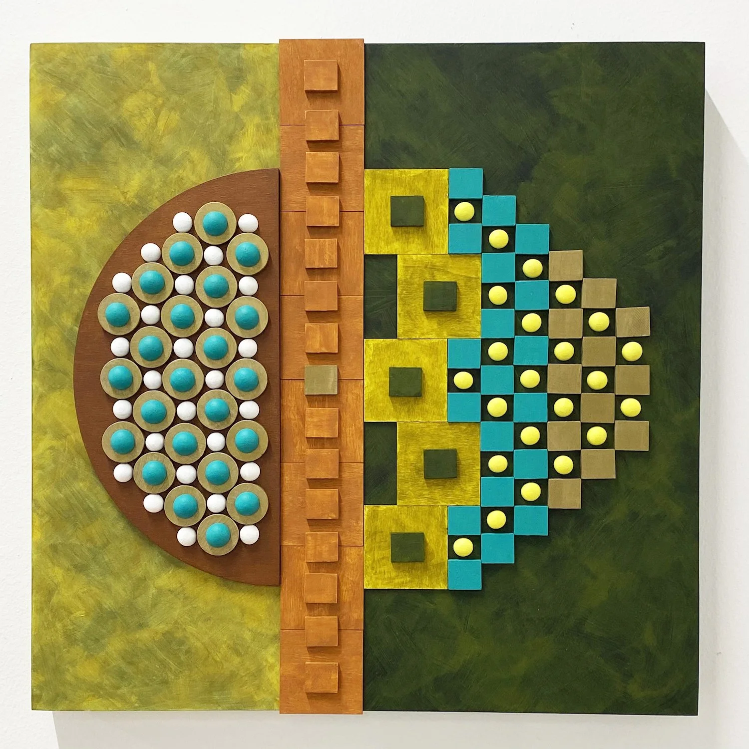 Helen Ziga "Counterparts" acrylic & sourced wood pieces on panel, 16" x 16" x 2", 2024, $900