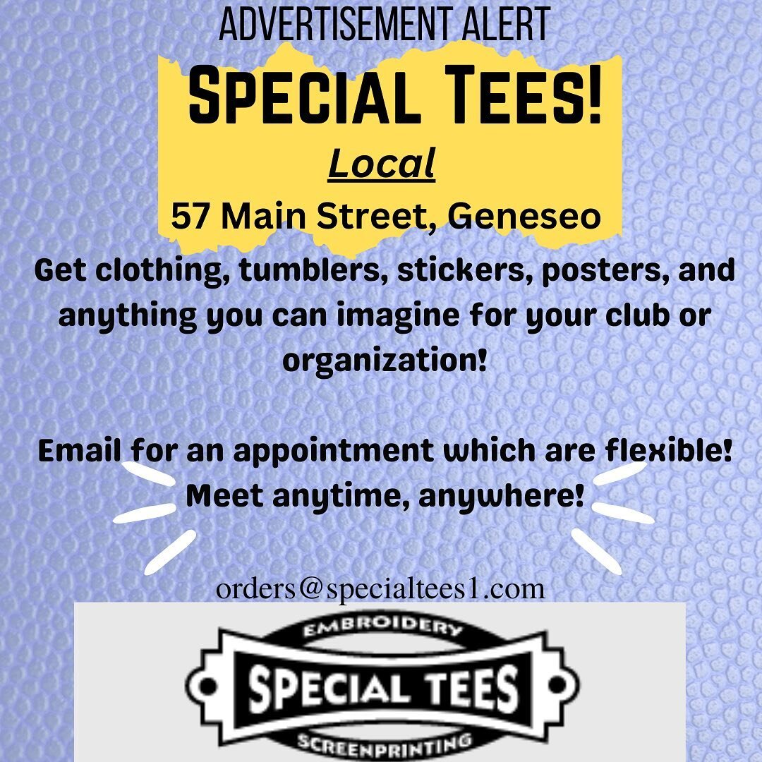 Advertisement! Check them out cause Special Tees on Main Street has everything you could need. Every week we will be tagging more clubs and organizations in campus to follow @specialtees1 and check them out! @geneseoreslife @physicsclubatgeneseo @gen