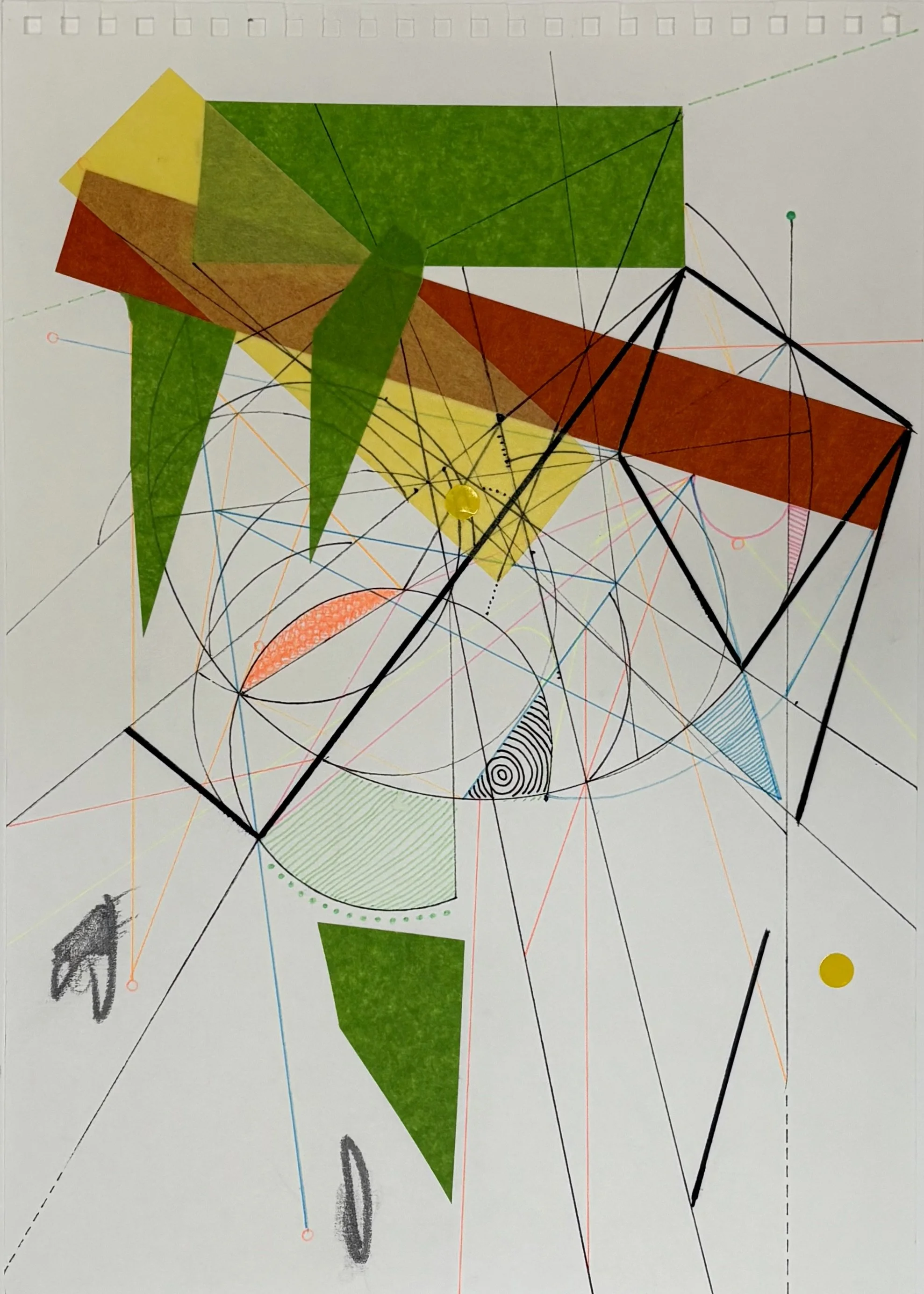 Work Hall III (2024), ink, graphite, masking tape, magic dotes on paper, 21 x 29.7cm
