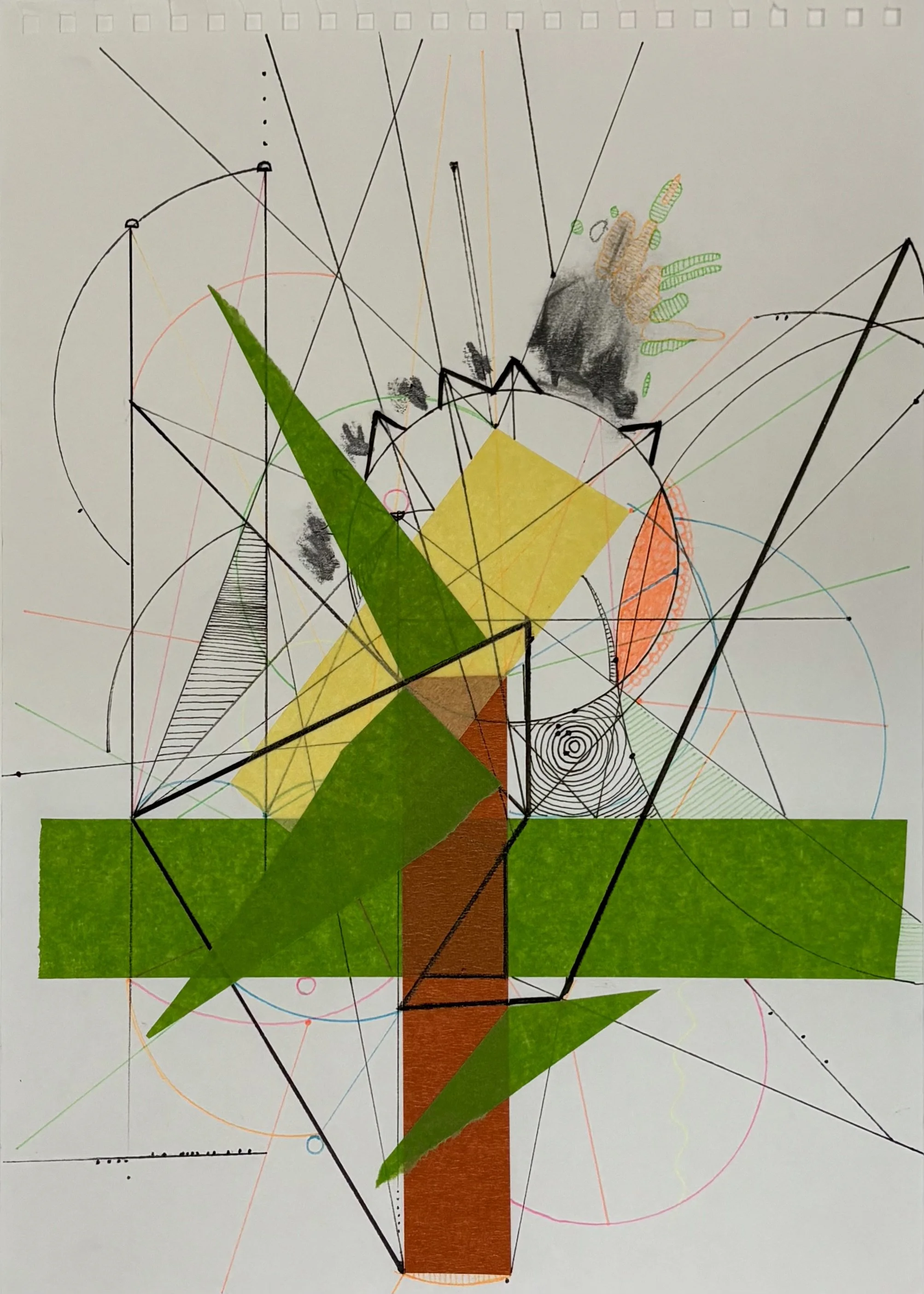 Work Hall I (2024), ink, graphite, masking tape, magic dotes on paper, 21 x 29.7cm