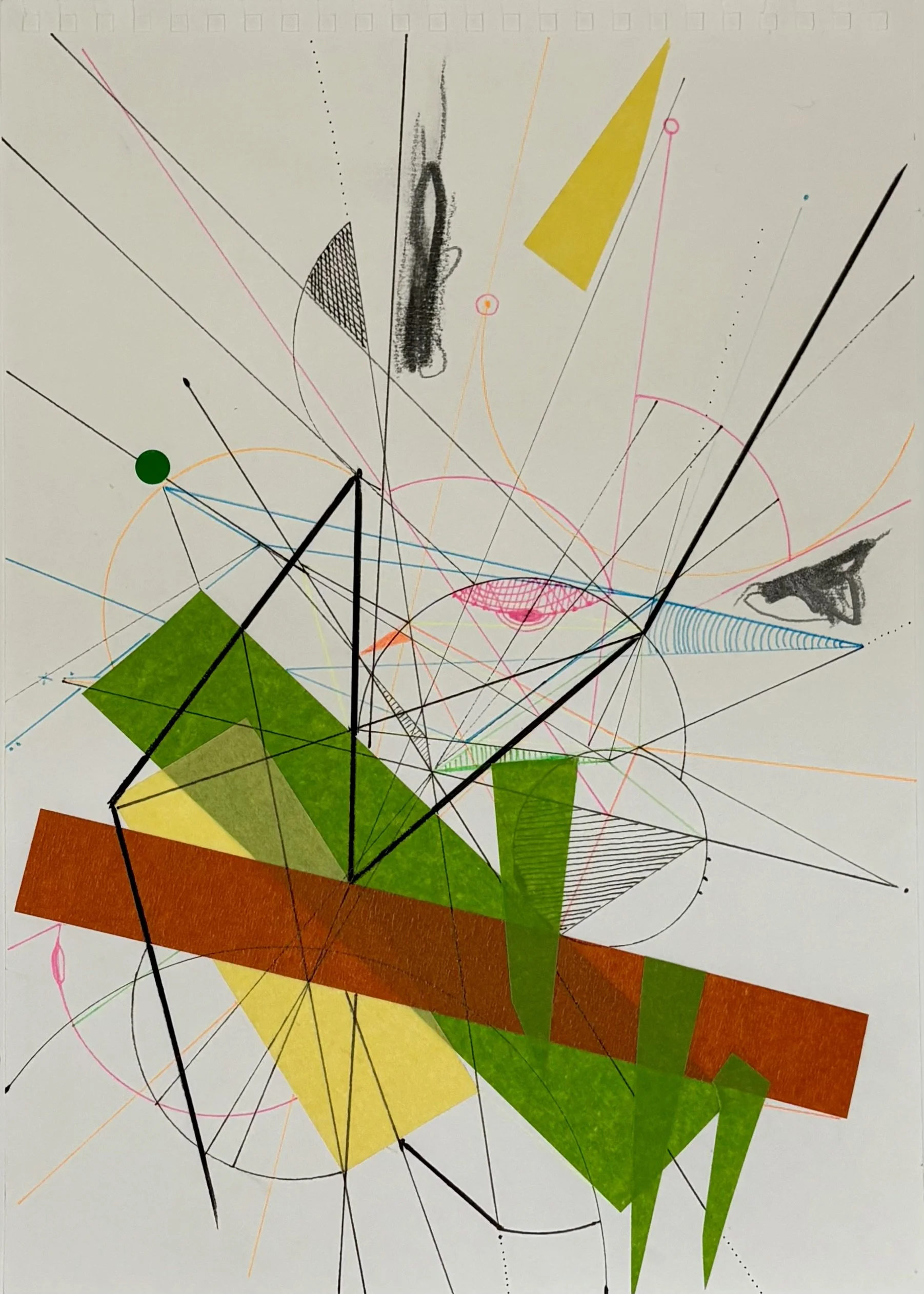 Work Hall II (2024), ink, graphite, masking tape, magic dotes on paper, 21 x 29.7cm