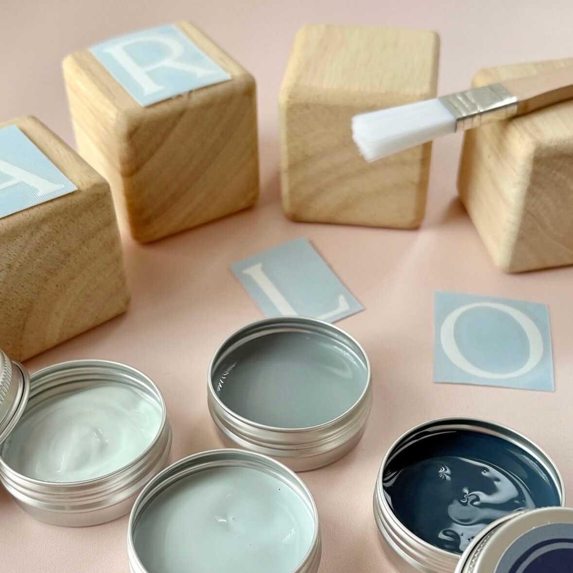 DIY baby name blocks kit with blue paint