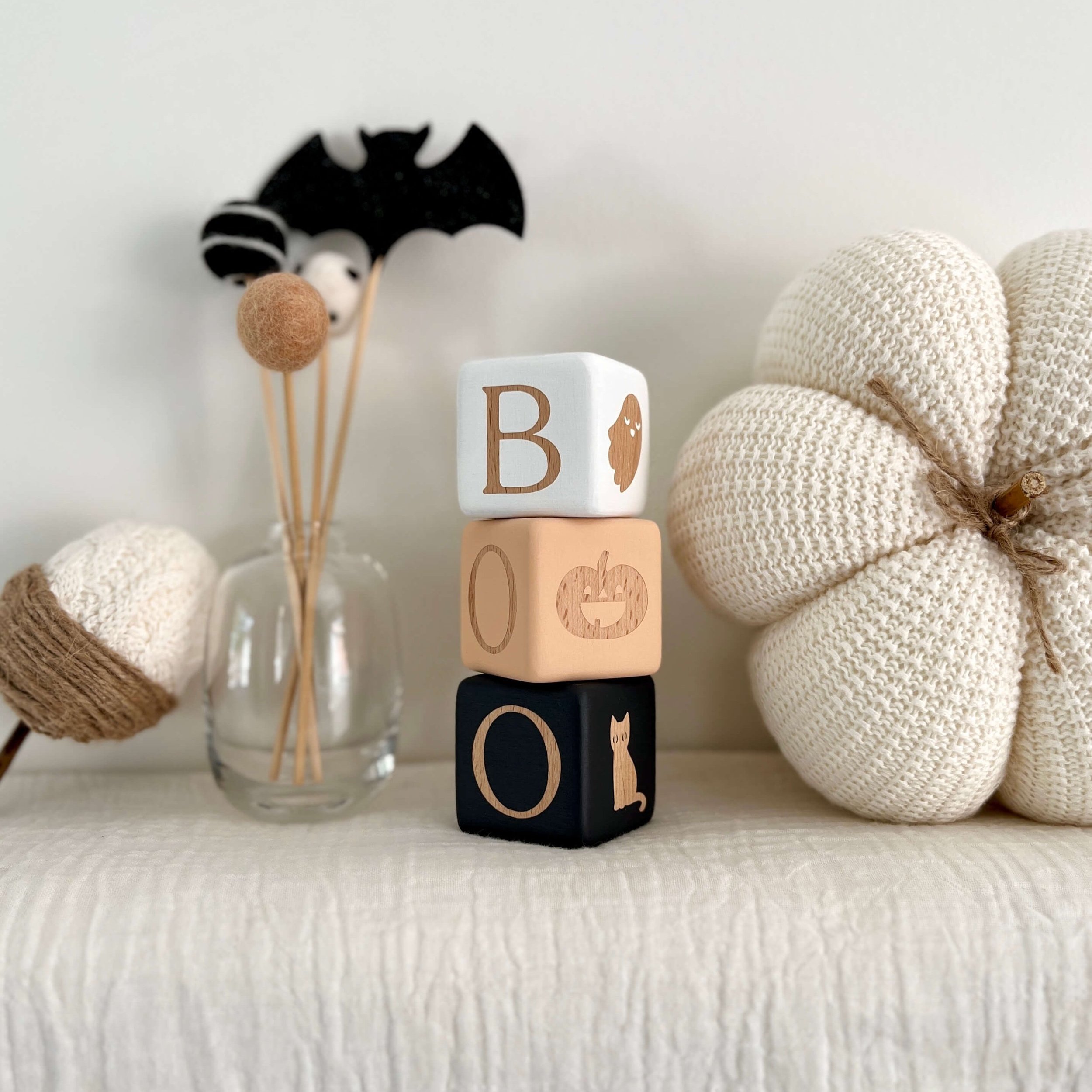 White orange and black Halloween decor Boo wooden blocks with ghost, pumpkin and black cat pictures