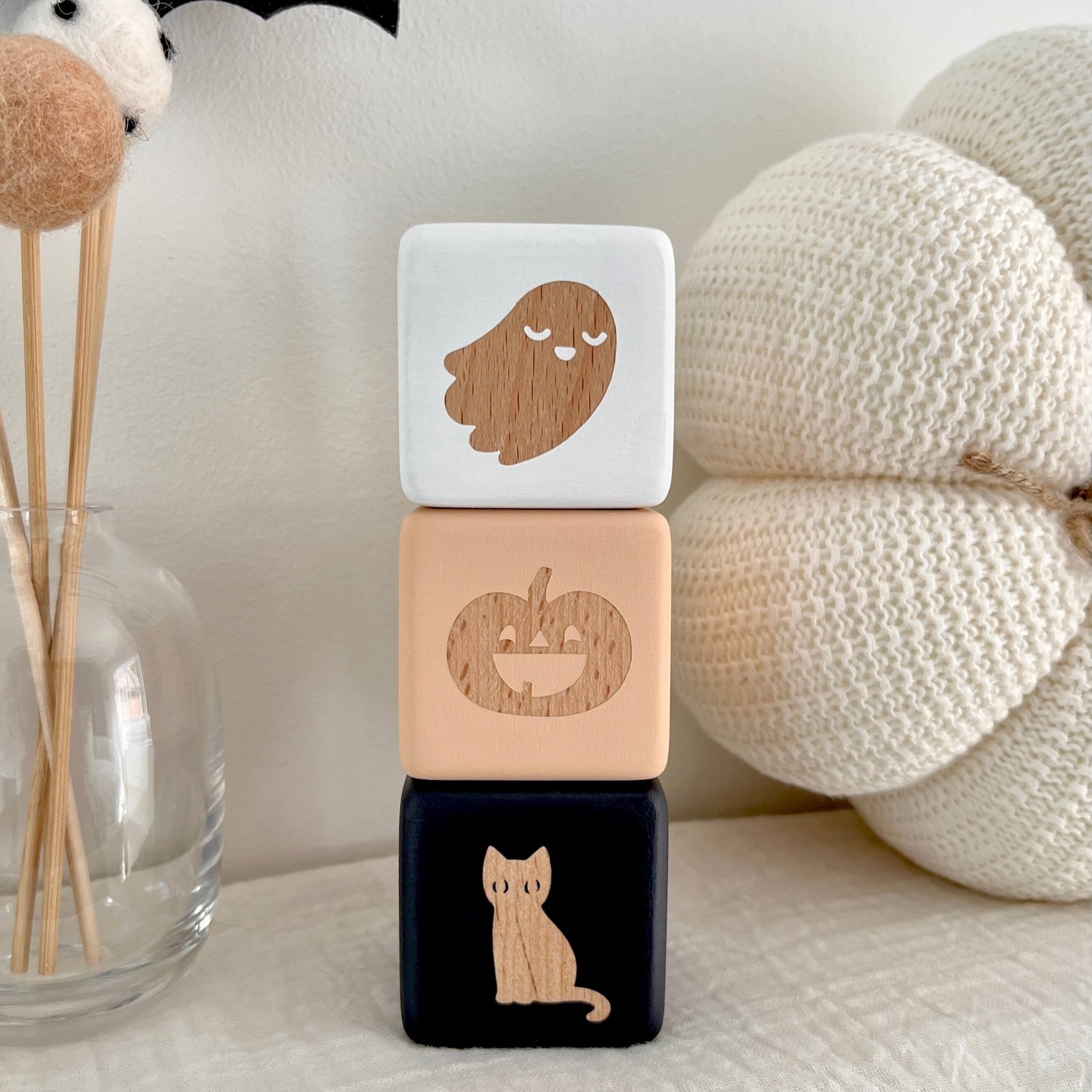 White orange and black Halloween decor Boo wooden blocks with ghost, pumpkin and black cat pictures