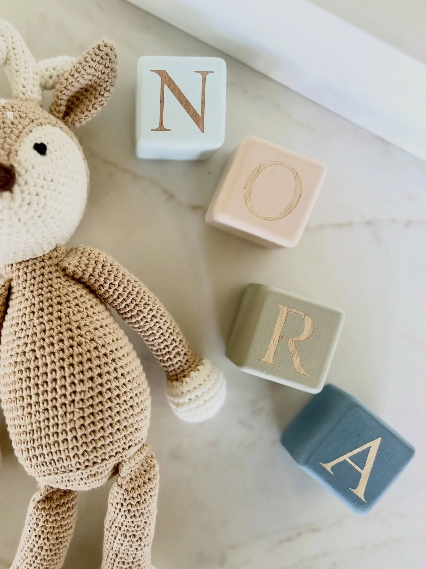 A name you don&rsquo;t hear too often but is just beautiful 💖 Our very own Domino the Deer thrown in for good measure too ☺️
Classic Font Name Blocks in Arctic, Kitten, Sage and Sapphire.

#woodentoys #nameblocks #montessori #nurserydecor #ecofriend