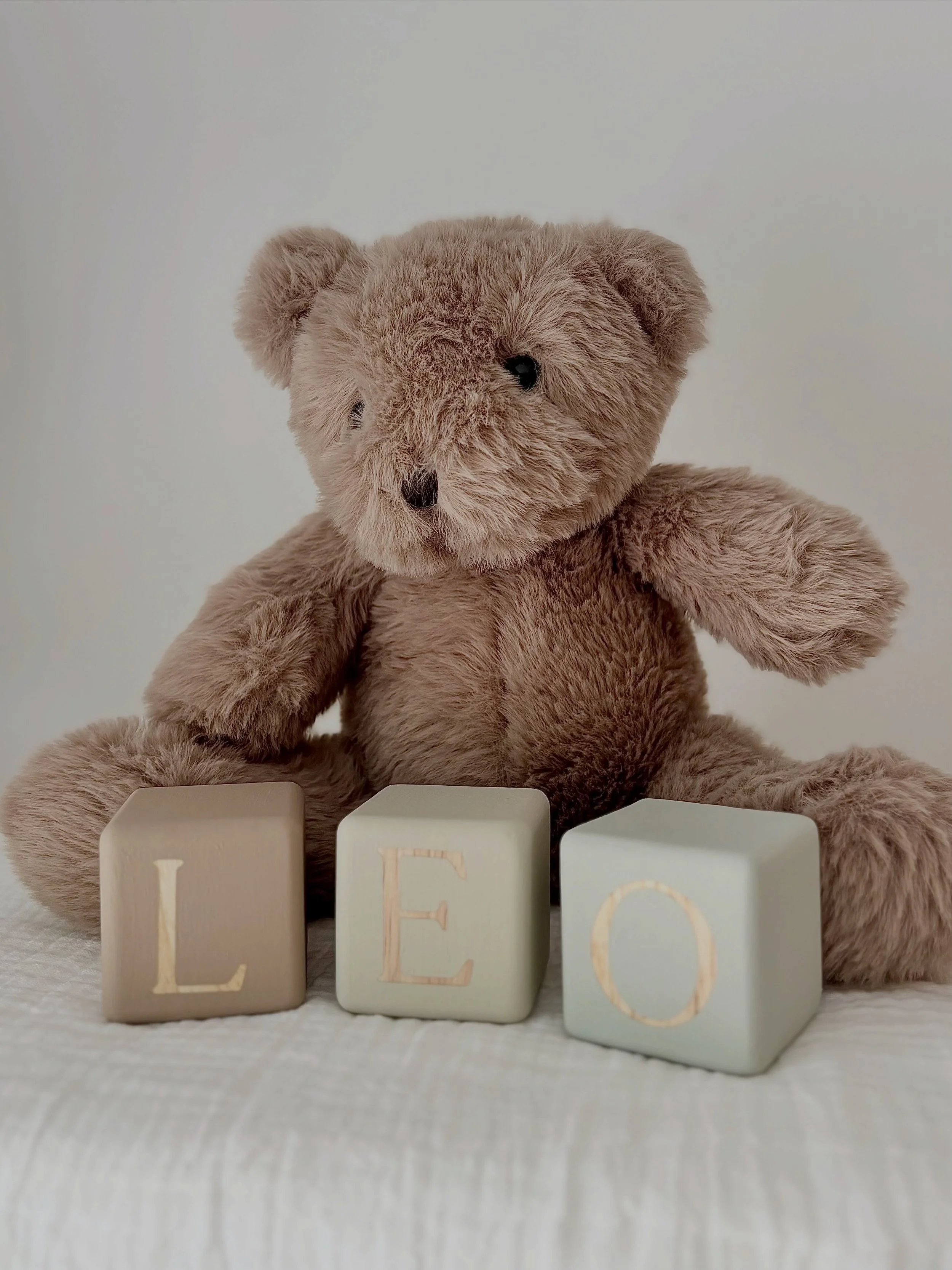Name Block orders have been posted this morning but before I packed them I couldn&rsquo;t resist photographing this little cutie. Leo and Miltie make the perfect pairing 💖
Teddy, Pebble and Turtledove 

Personalised Name Blocks | Wooden Toys | Monte