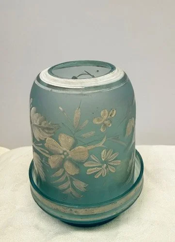 Light Blue Satin Glass Fairy Lamp with White Enamel Florentine Floral Decoration